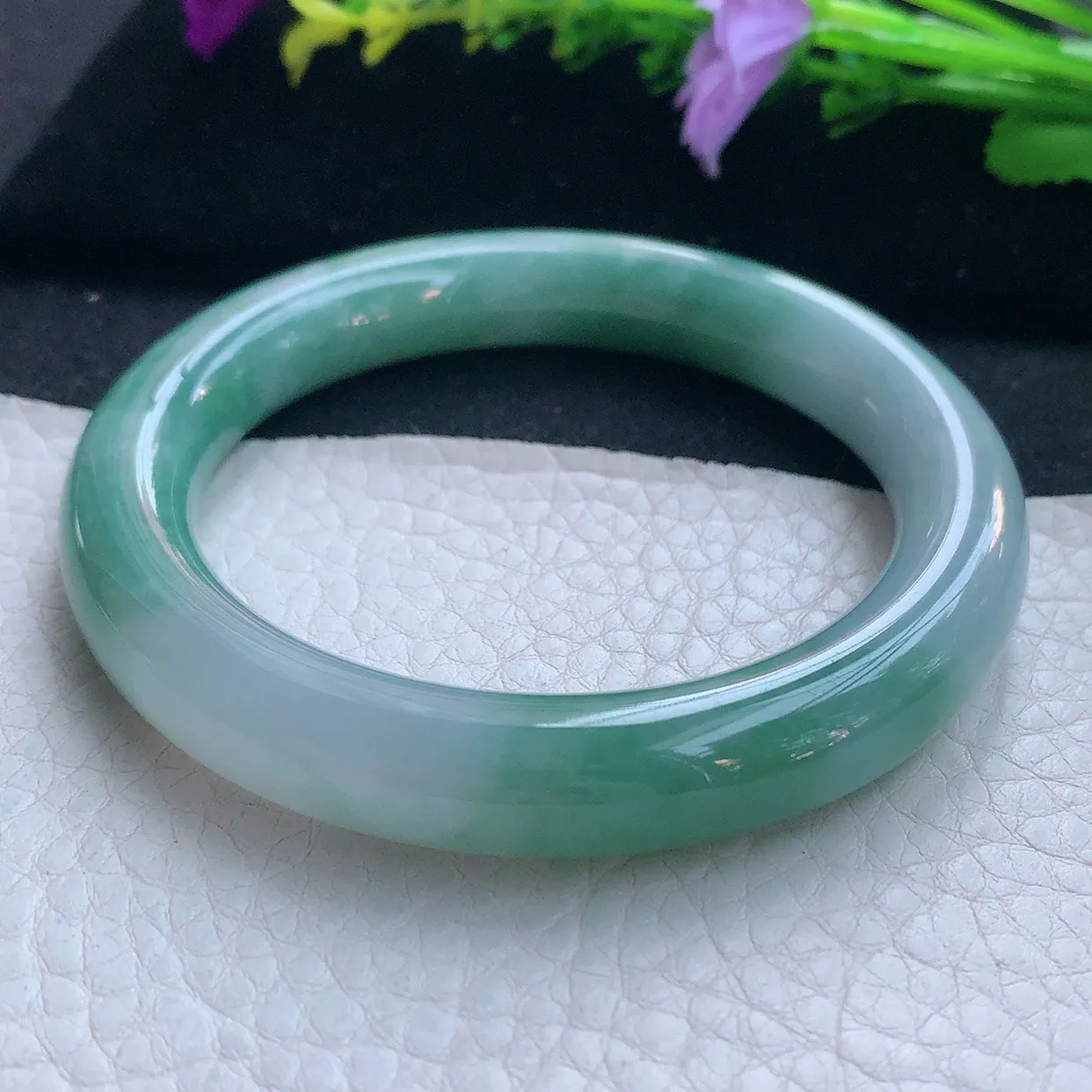 z实拍55*10.8*10.3美人镯 天然缅甸翡翠玉手镯水润飘花圆条玉手环