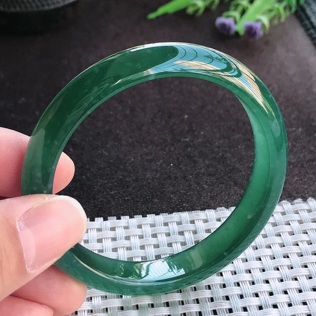 实拍A货翡翠56/11.1/7老坑冰纯起胶满色蓝韵手镯宽边玉镯手环