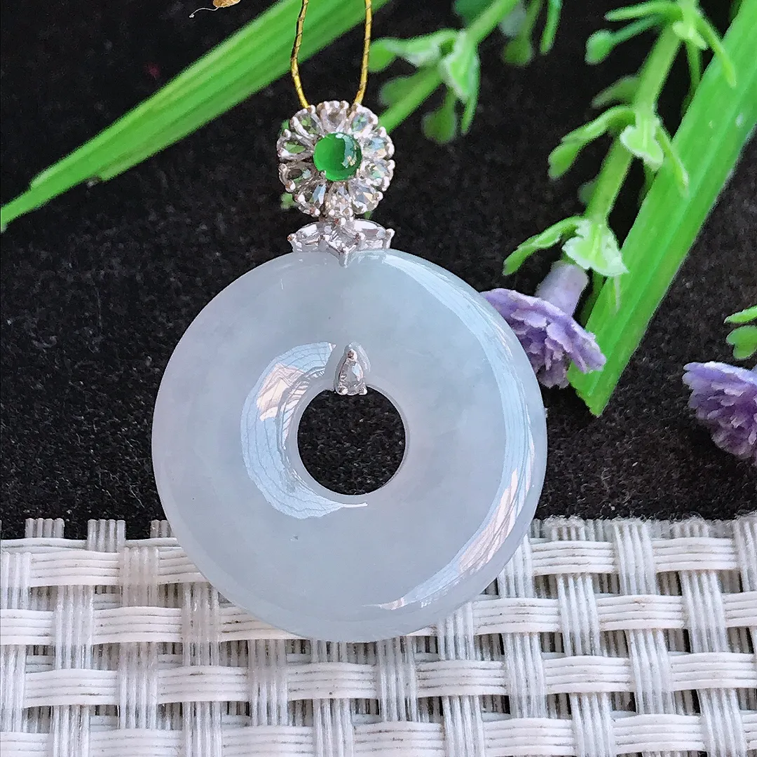 实拍A货翡翠25.6/5.7老坑18k金镶嵌冰胶淡紫罗兰平安扣吊坠翡翠挂件