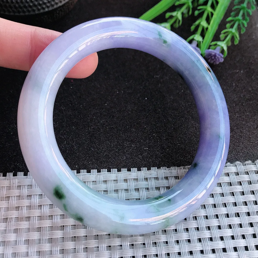 实拍A货翡翠58/11.4老坑精美艳丽紫罗兰圆条手镯紫罗兰飘花玉镯手环