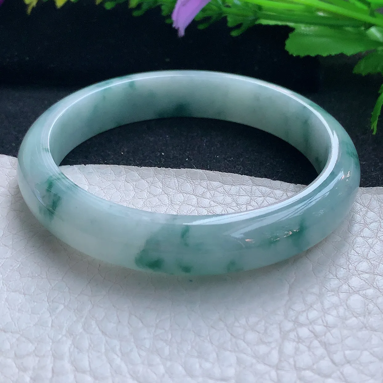 js实拍58.5*11.8*7.2平安镯 天然缅甸翡翠玉手镯冰飘花宽边玉手环