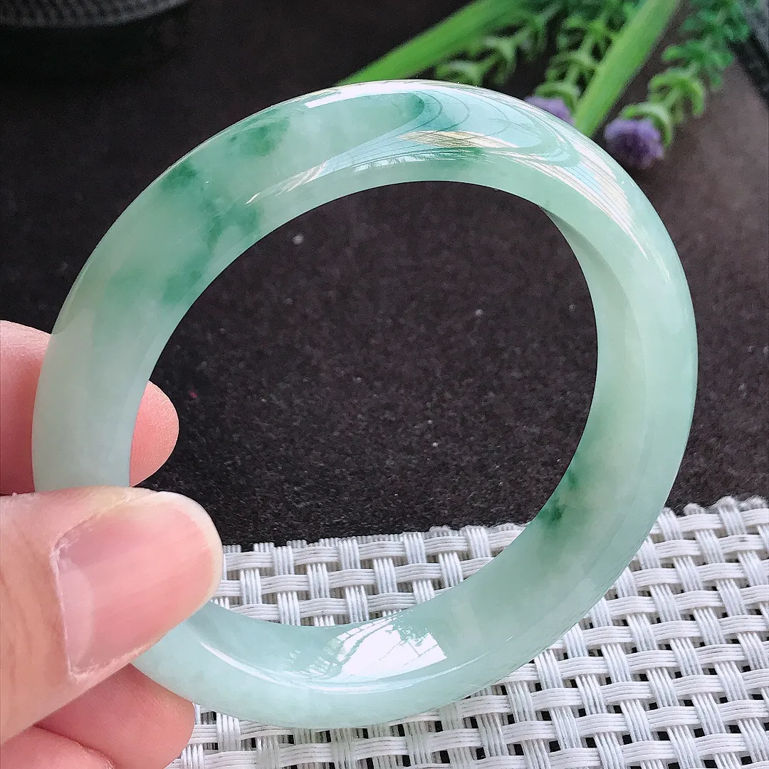 实拍A货翡翠54.5/12.8/8.5老坑冰胶果冻冰飘花手镯宽边玉镯手环