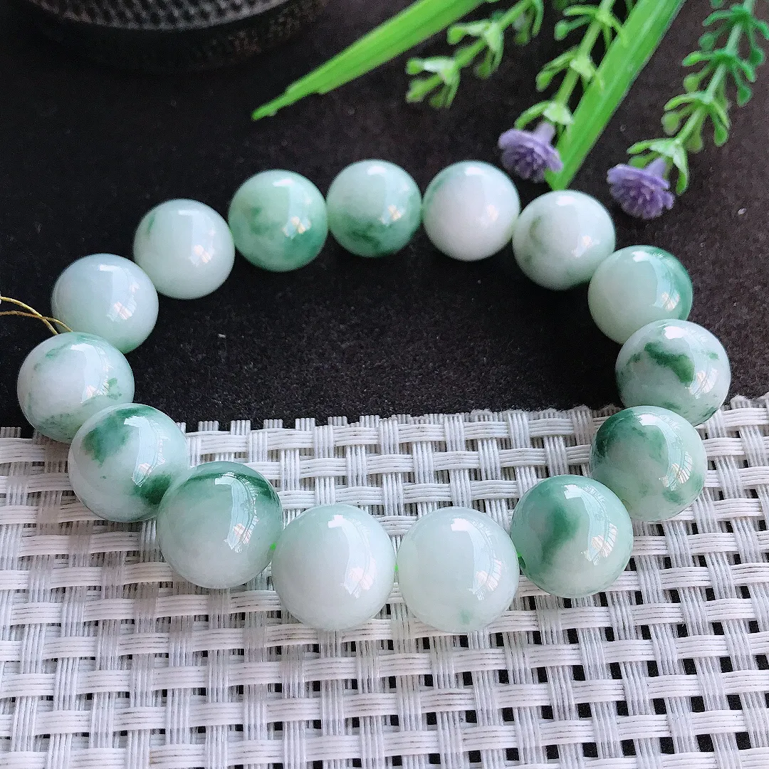 实拍A货翡翠13.5/15颗老坑秀气温润飘花大颗粒圆珠手串珠串手链