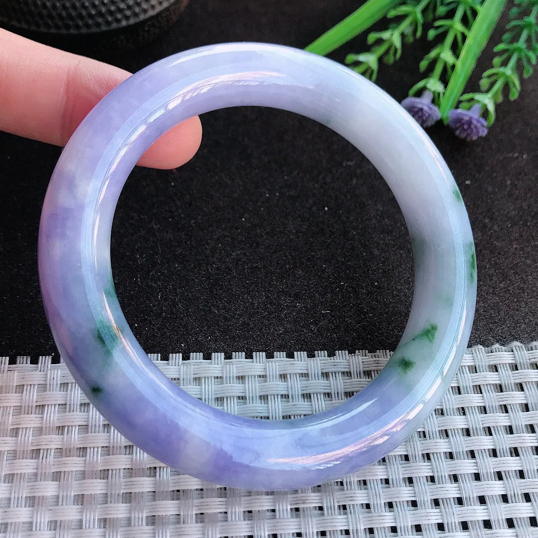 实拍A货翡翠58/11.4老坑精美艳丽紫罗兰圆条手镯紫罗兰飘花玉镯手环