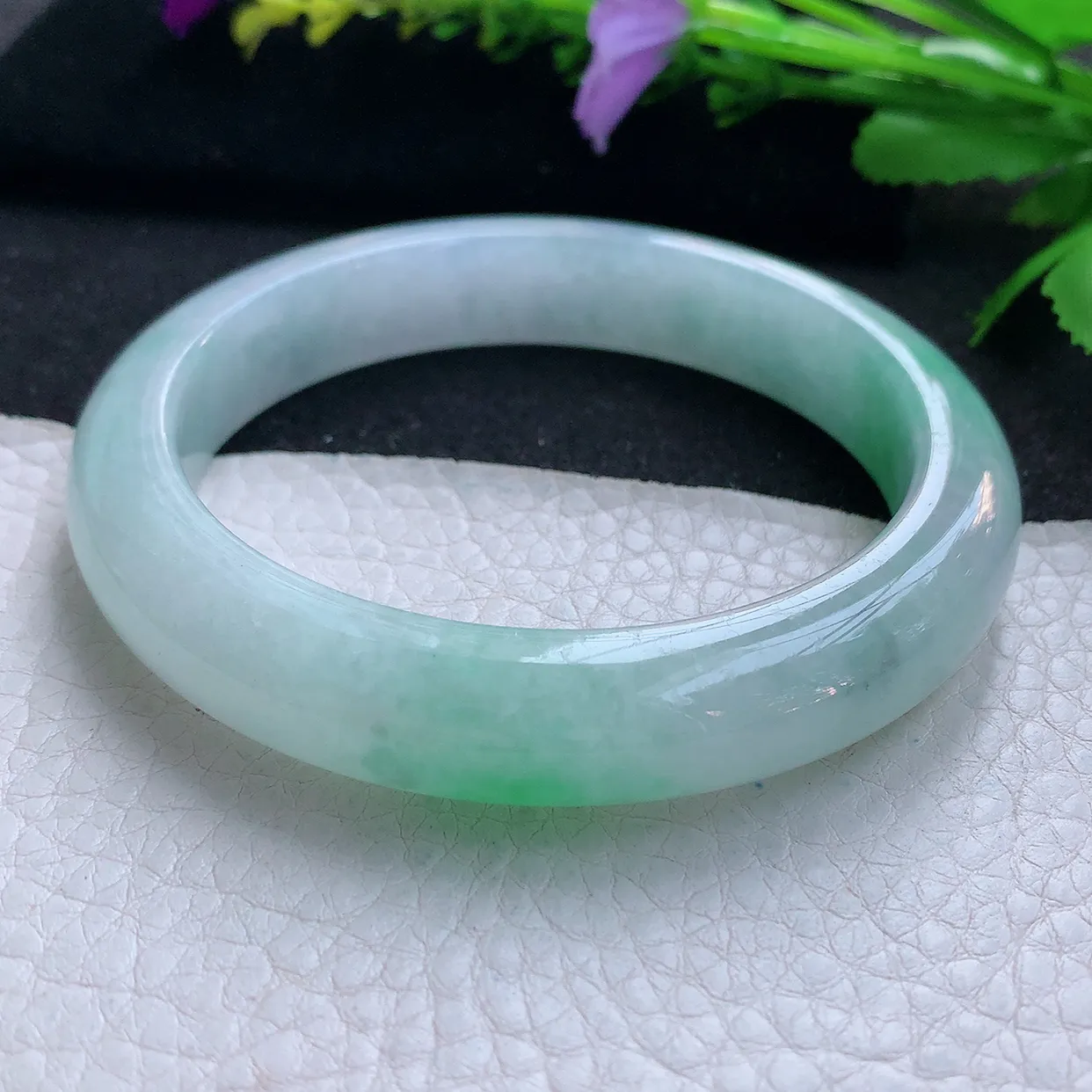 yh大圈口61.5*12.5*9.3平安镯 天然缅甸翡翠玉手镯飘绿大气宽边玉手环