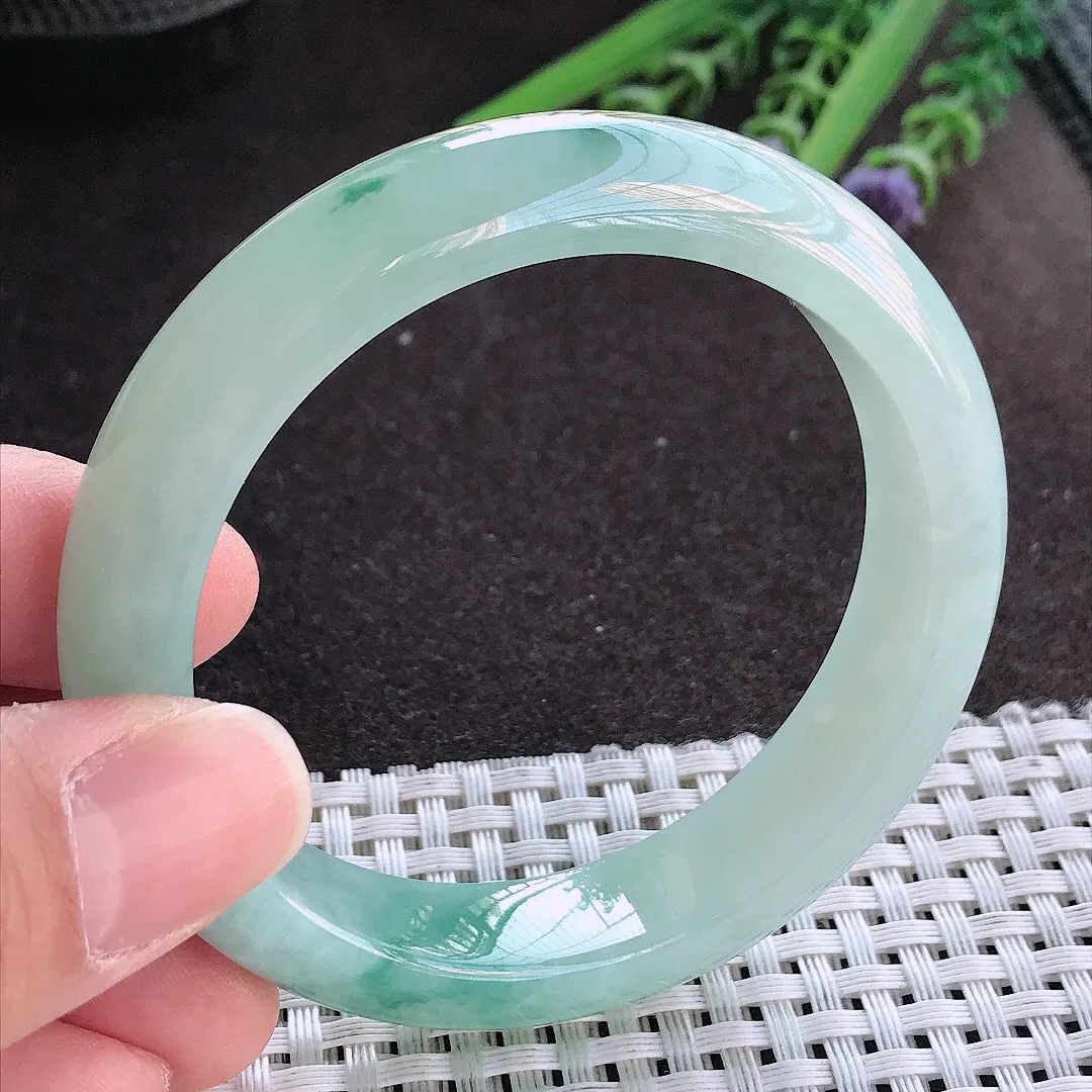 实拍A货翡翠54.5/12.8/8.5老坑冰胶果冻冰飘花手镯宽边玉镯手环