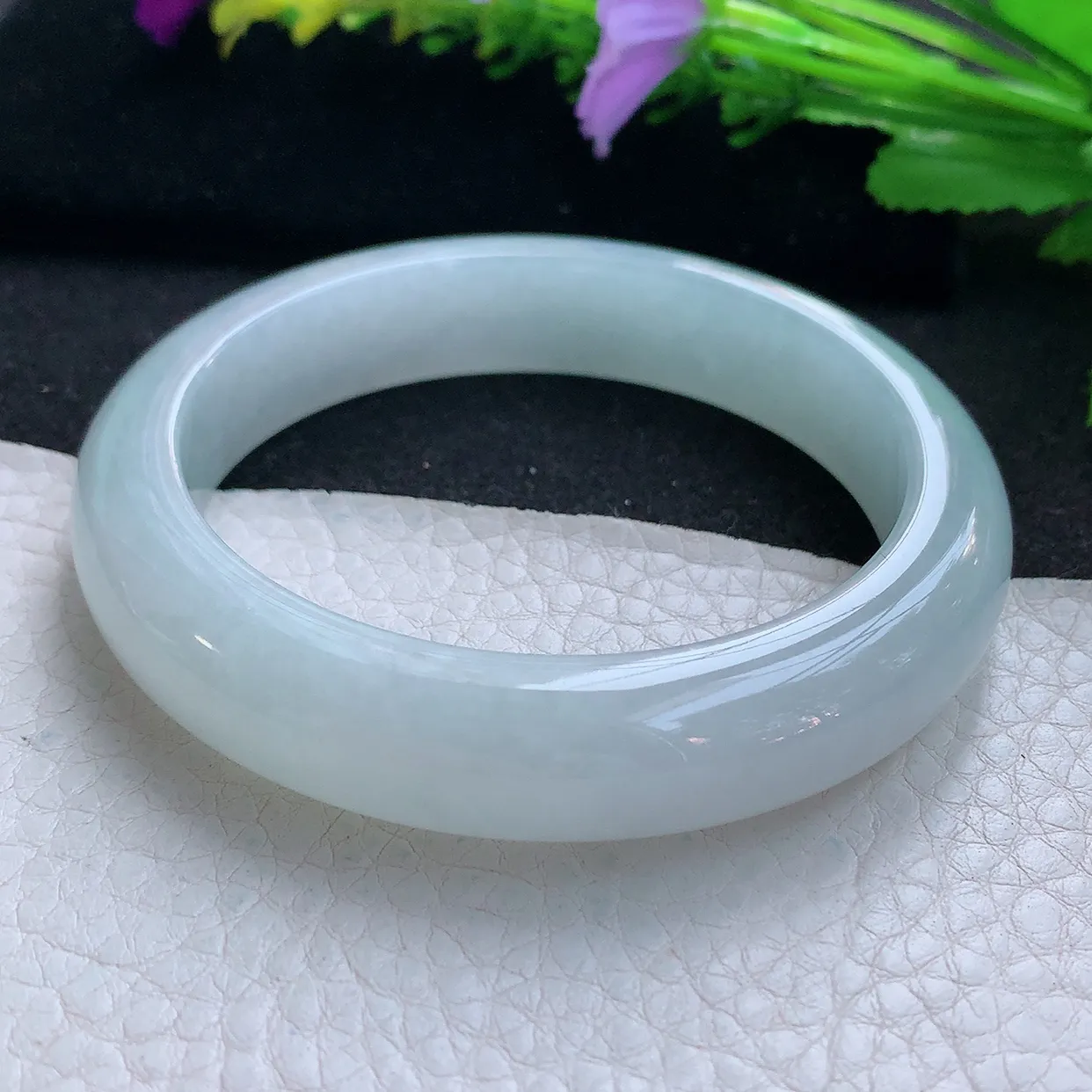 hy实拍58*13*9平安镯 天然缅甸翡翠玉手镯冰胶白月光宽边玉手环