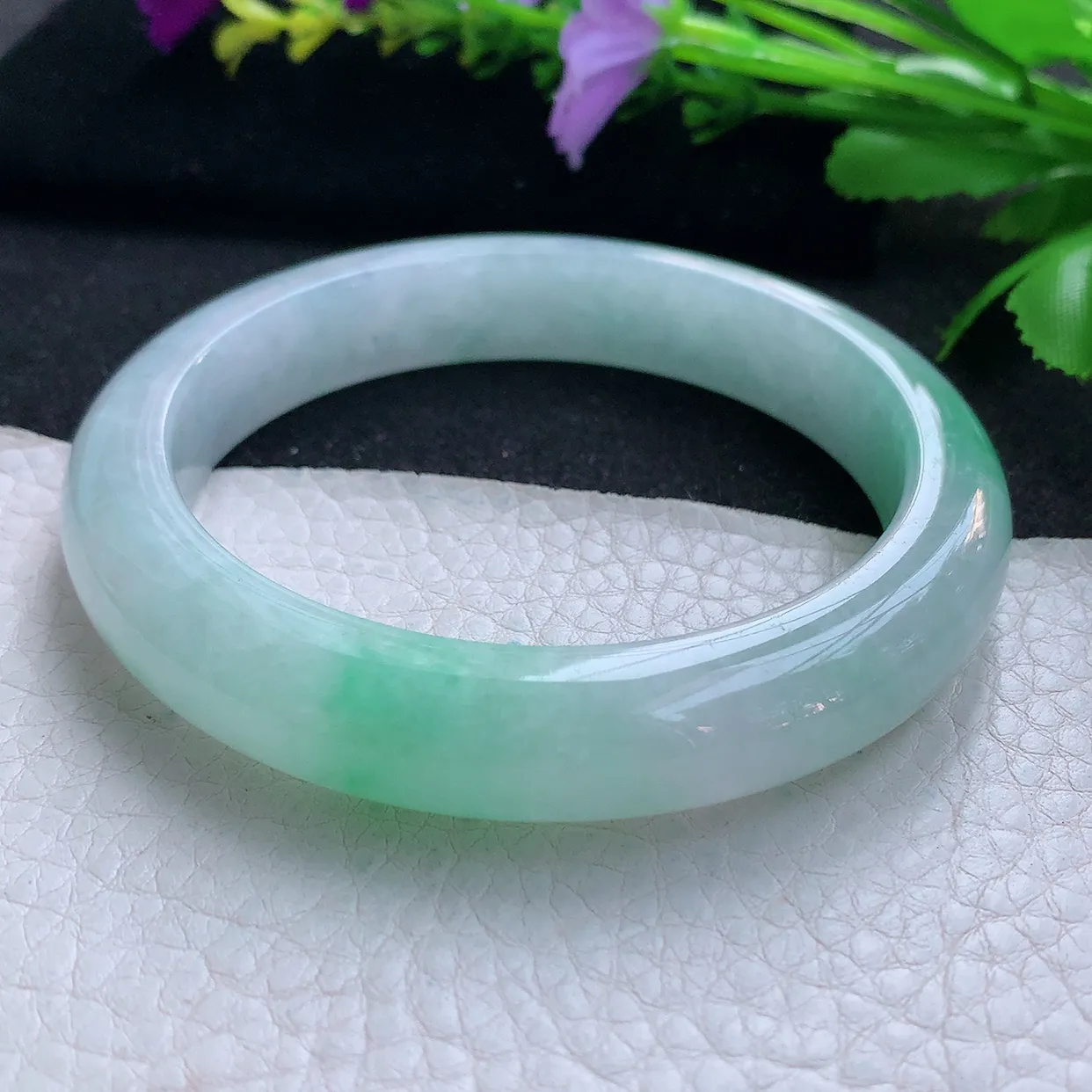 yh大圈口61.5*12.5*9.3平安镯 天然缅甸翡翠玉手镯飘绿大气宽边玉手环