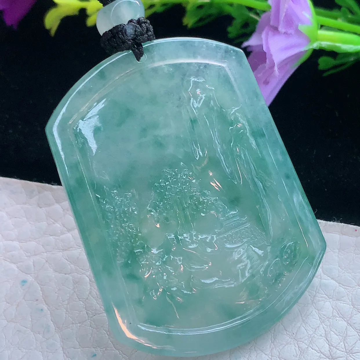 yl实拍52*40*5.6缅甸翡翠冰透飘花山水牌吊坠 锦绣前程项坠