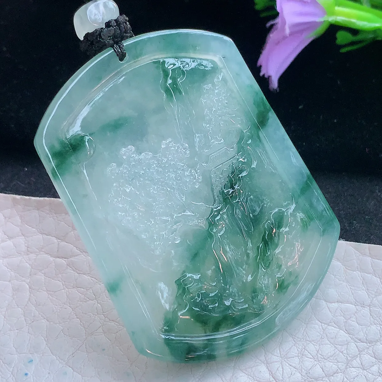 yl实拍55.3*42.2*5.8缅甸翡翠冰飘花山水牌吊坠，指日高升项坠