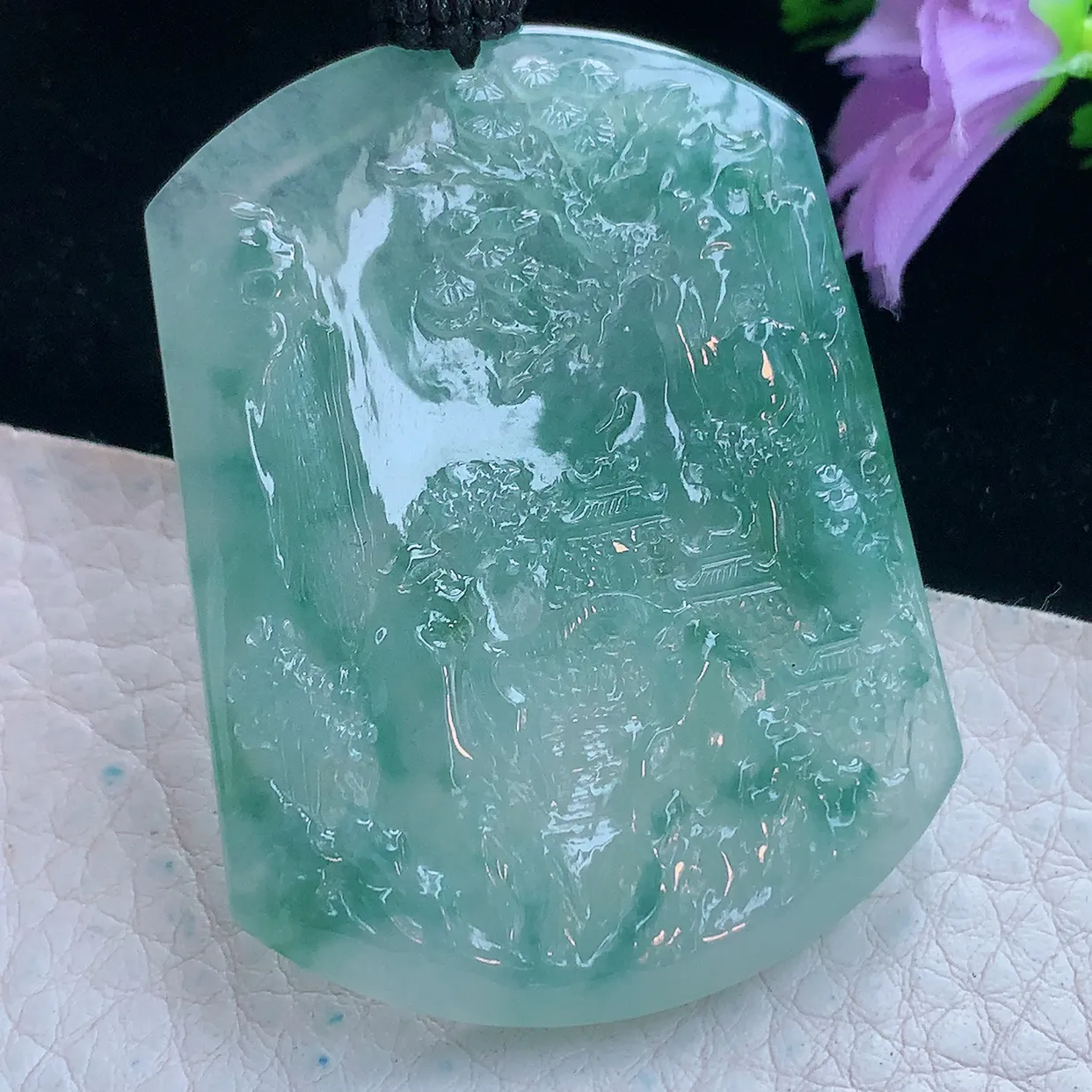 yl实拍52*40*5.6缅甸翡翠冰透飘花山水牌吊坠 锦绣前程项坠