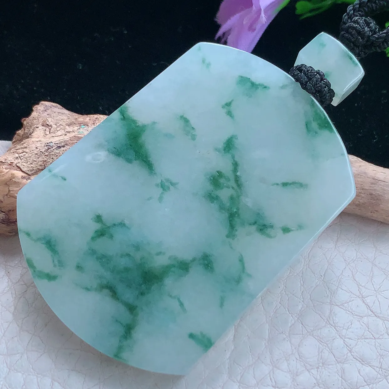 yl实拍53*38.5*6缅甸翡翠冰飘花平安无事牌吊带吊坠 经典素面无字牌项坠