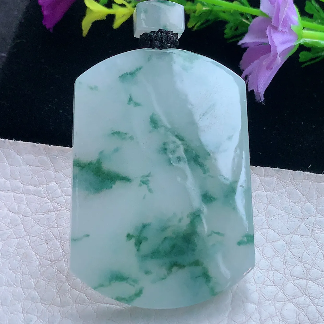 yl实拍53*38.5*6缅甸翡翠冰飘花平安无事牌吊带吊坠 经典素面无字牌项坠