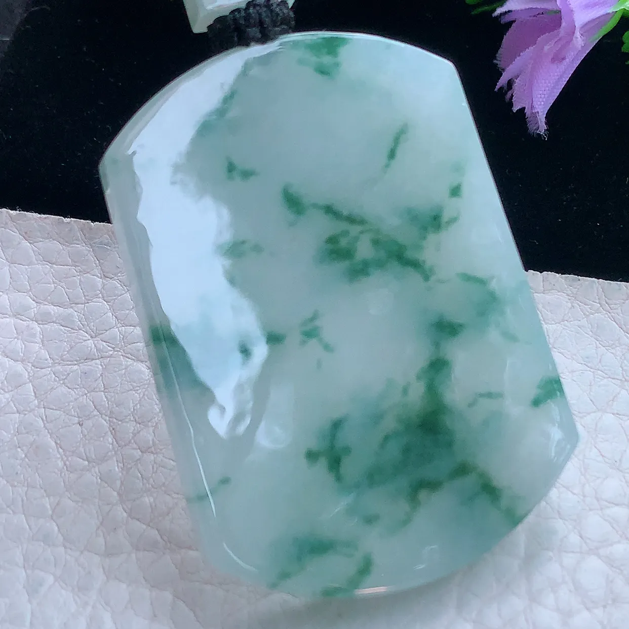 yl实拍53*38.5*6缅甸翡翠冰飘花平安无事牌吊带吊坠 经典素面无字牌项坠