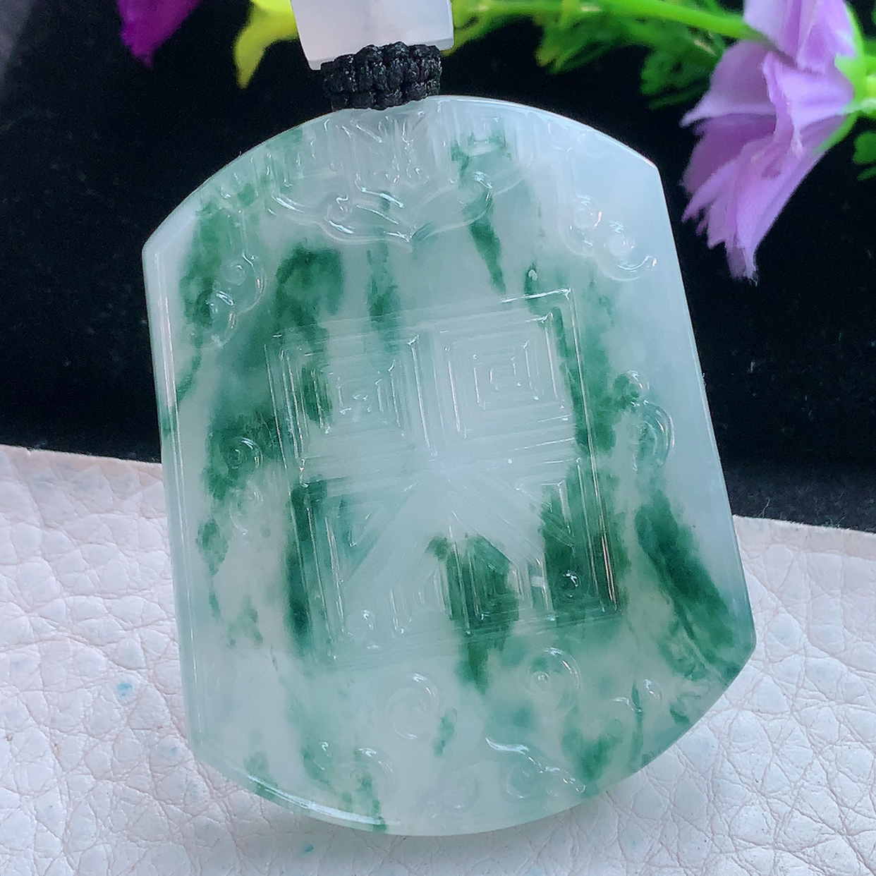 yl实拍53*38.5*6缅甸翡翠冰飘蓝花吉祥如意仿古牌吊坠，祥云瑞兆项坠