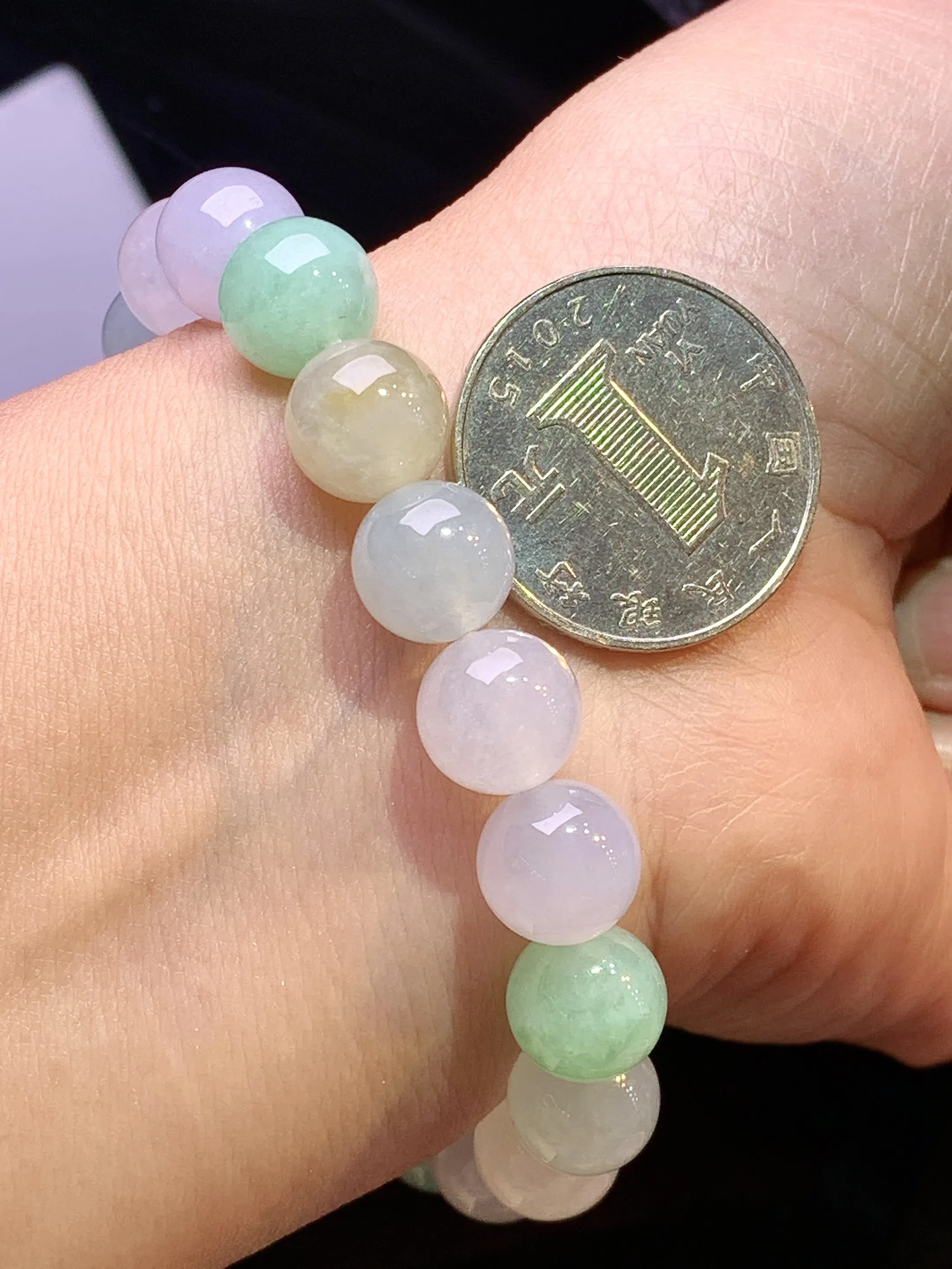 冰种圆珠手链 玉质细腻 色泽艳丽清新 整体尺寸10.2