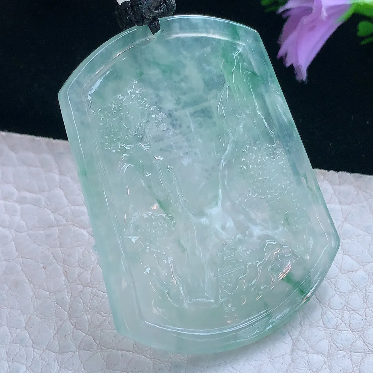 yl实拍61*39.5*4.5缅甸翡翠冰透飘花山水牌吊坠 步步高升项坠