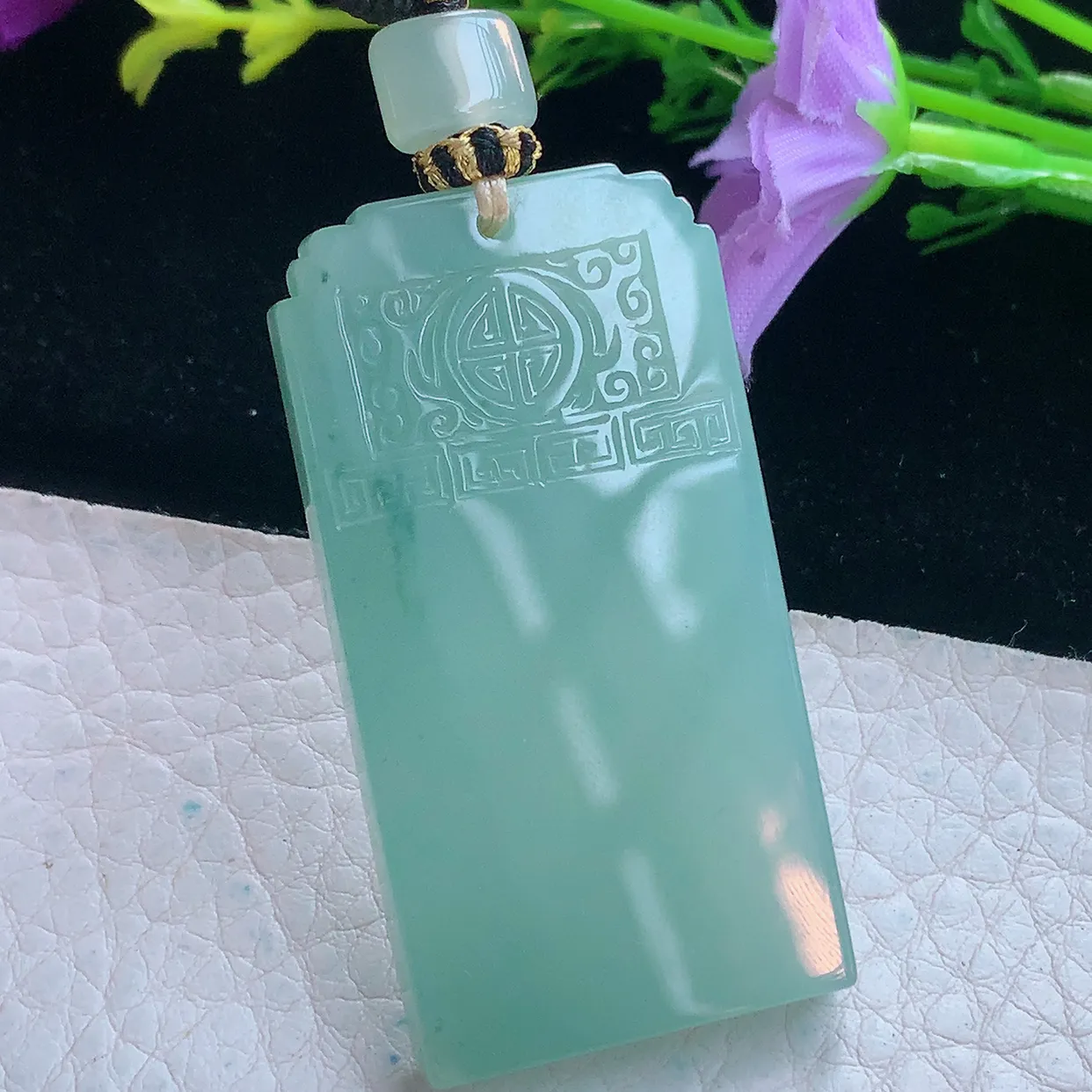 yl实拍49.6*26*5.8缅甸翡翠冰透水绿平安无事牌吊坠 经典素面仿古雕花无字牌项坠