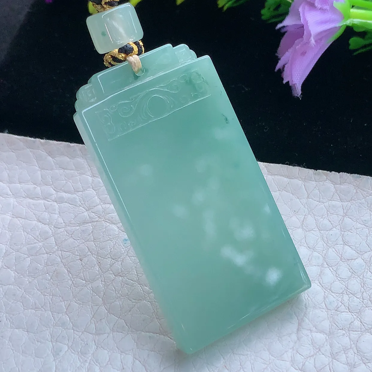 yl实拍49.6*26*5.8缅甸翡翠冰透水绿平安无事牌吊坠 经典素面仿古雕花无字牌项坠