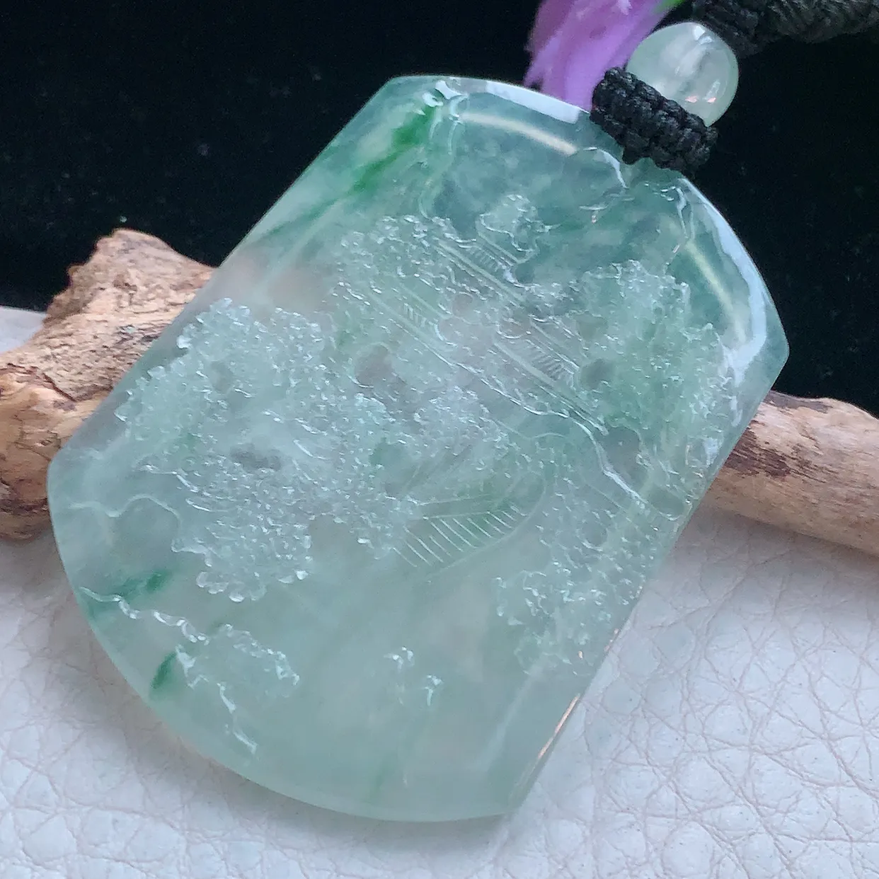 yl实拍61*39.5*4.5缅甸翡翠冰透飘花山水牌吊坠 步步高升项坠