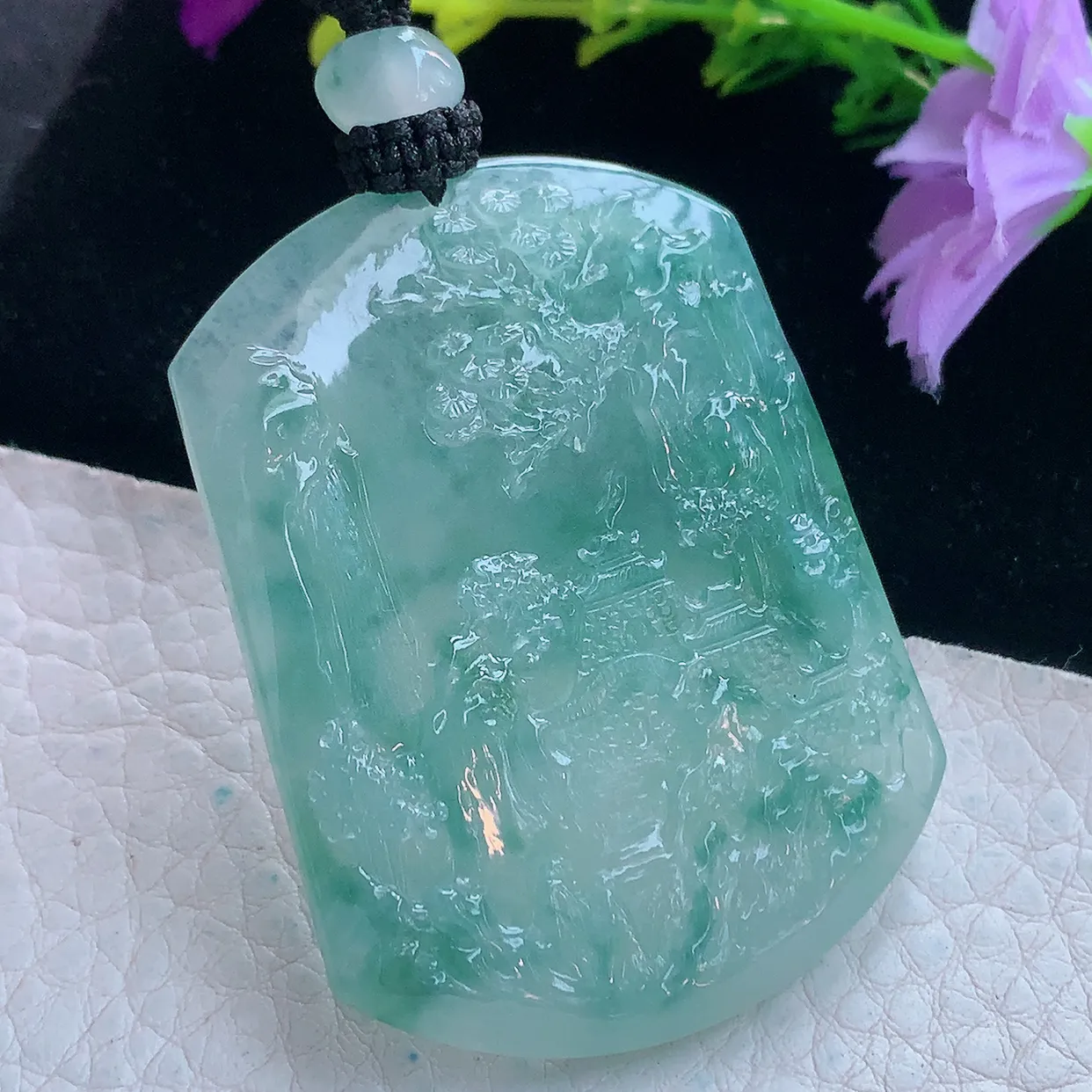 yl实拍52*40*5.6缅甸翡翠冰透飘花山水牌吊坠 锦绣前程项坠