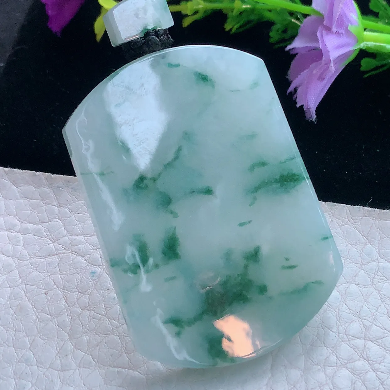 yl实拍53*38.5*6缅甸翡翠冰飘花平安无事牌吊带吊坠 经典素面无字牌项坠