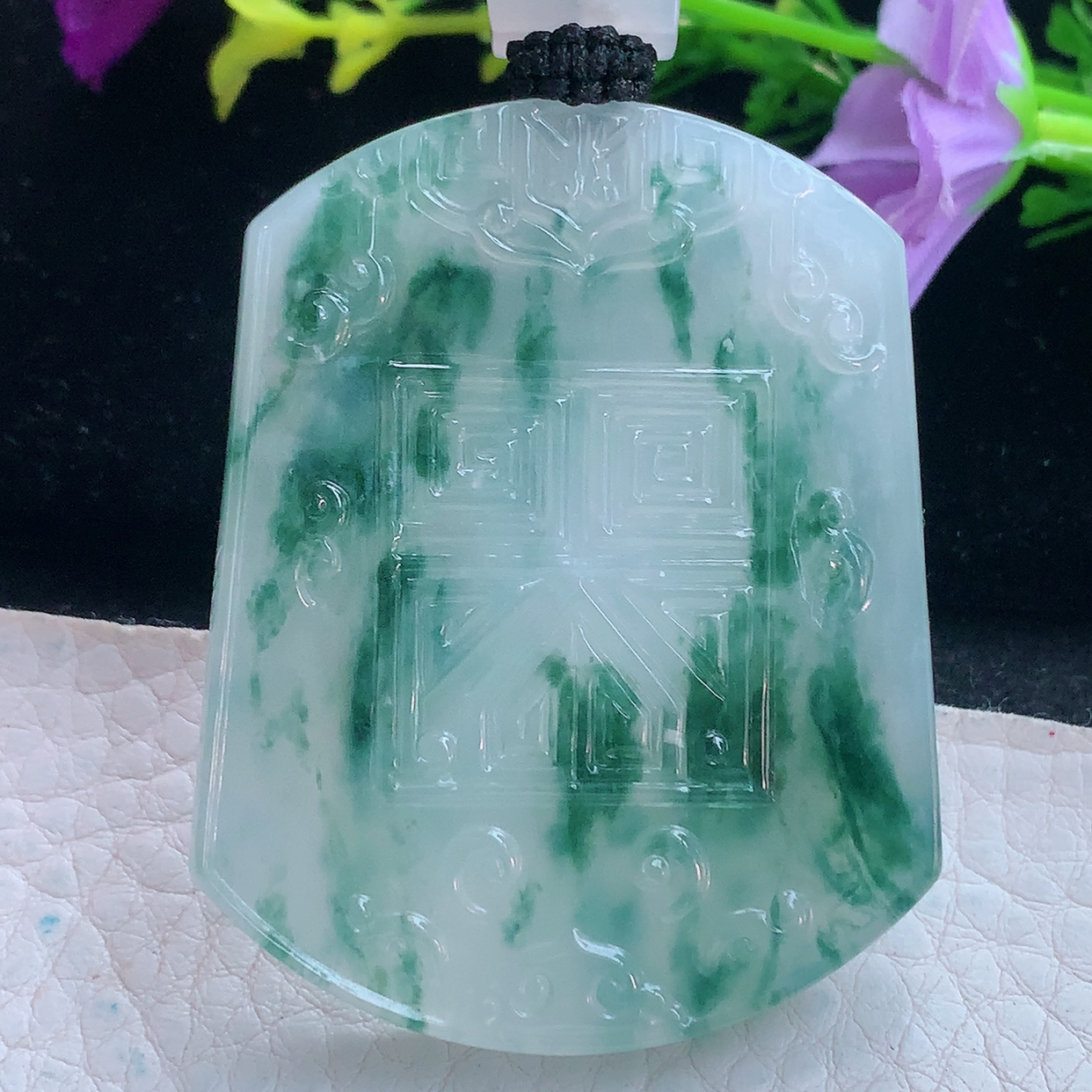 yl实拍53*38.5*6缅甸翡翠冰飘蓝花吉祥如意仿古牌吊坠，祥云瑞兆项坠