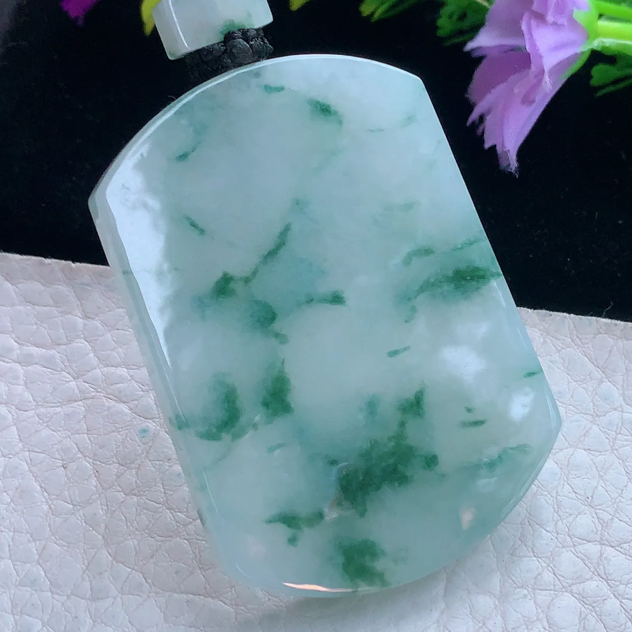 yl实拍53*38.5*6缅甸翡翠冰飘花平安无事牌吊带吊坠 经典素面无字牌项坠