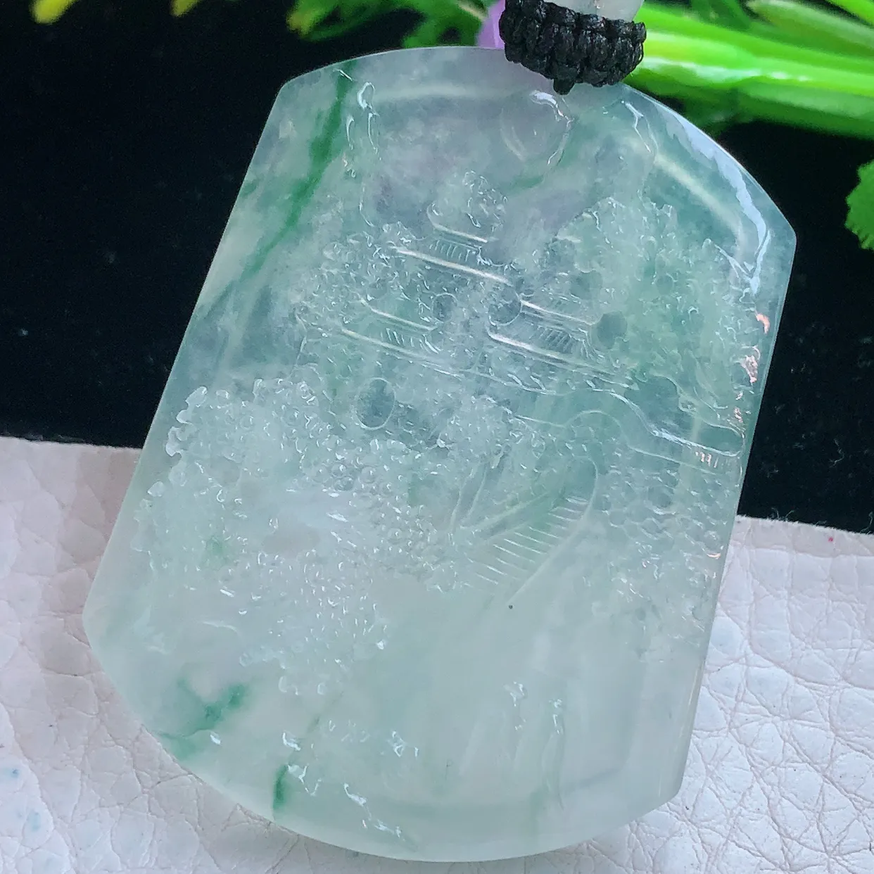 yl实拍61*39.5*4.5缅甸翡翠冰透飘花山水牌吊坠 步步高升项坠