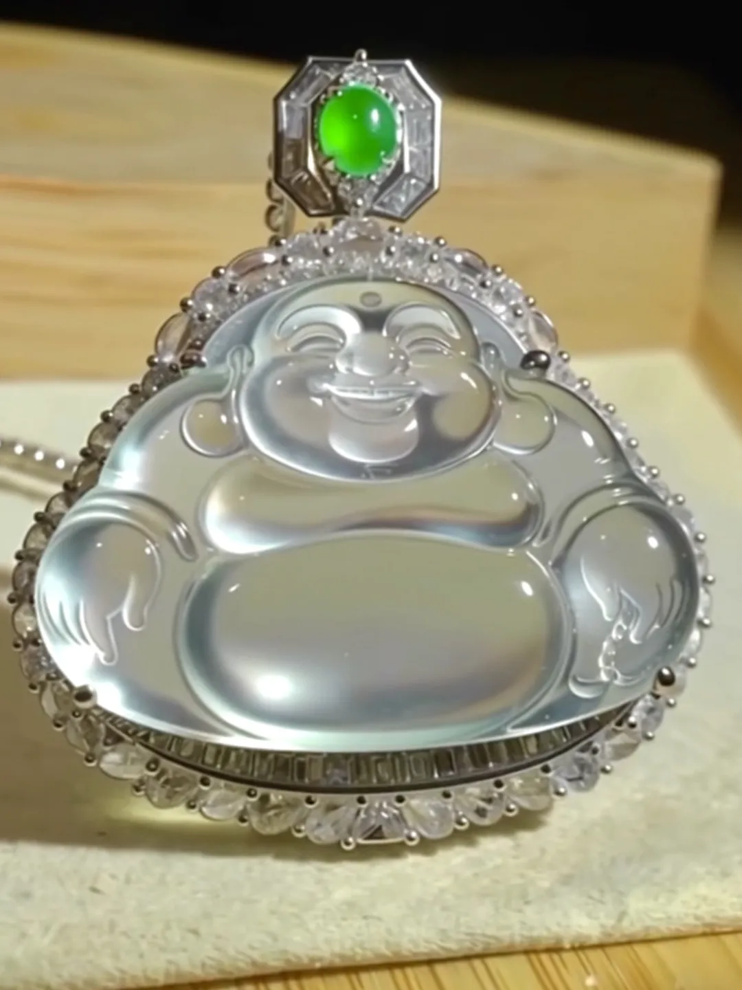 玻璃种笑口常开弥勒佛，
裸石36.5-27-5.2mm，整体40.5-46-14mm，
18K金，南非钻，翡翠绿蛋面，19.85g，
