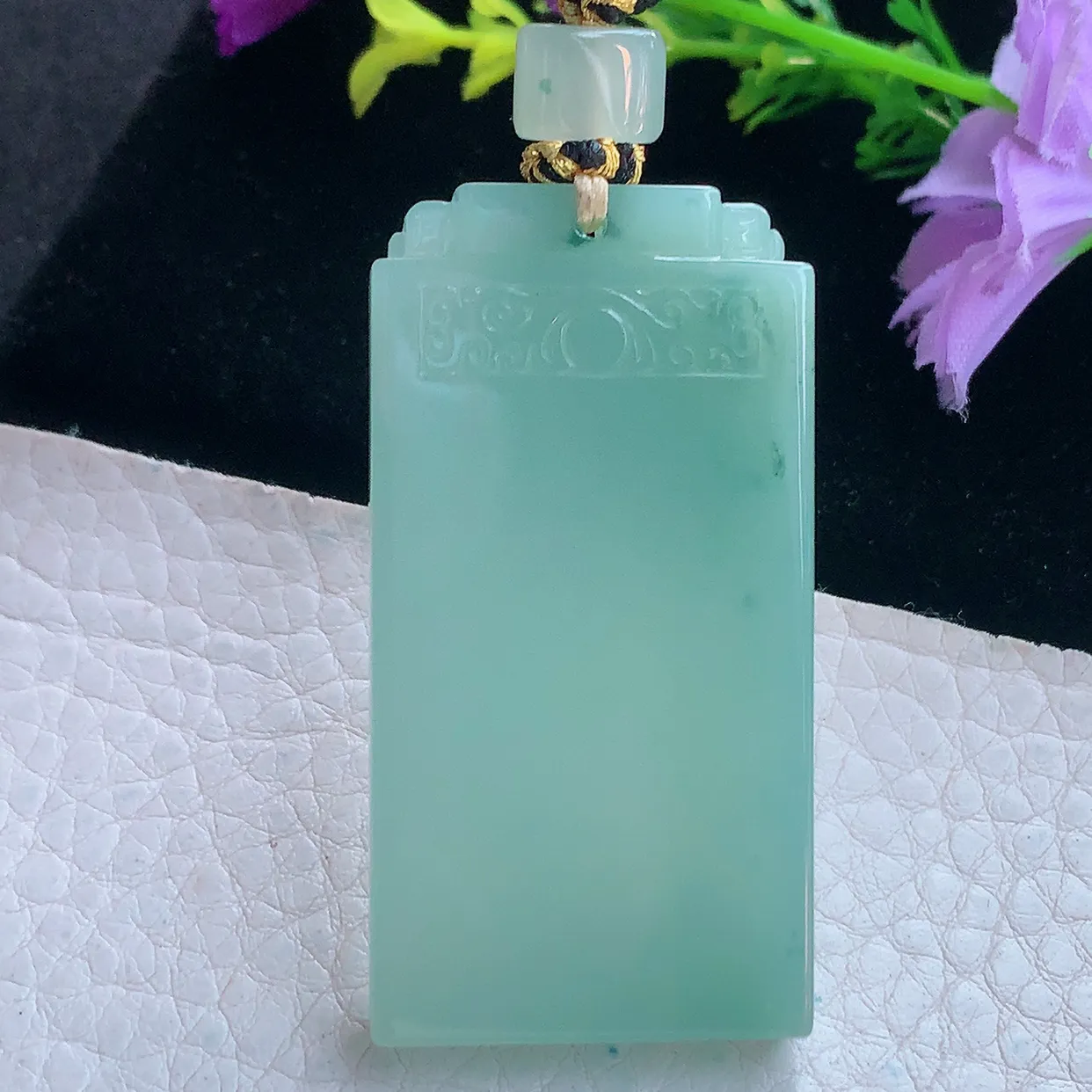 yl实拍49.6*26*5.8缅甸翡翠冰透水绿平安无事牌吊坠 经典素面仿古雕花无字牌项坠