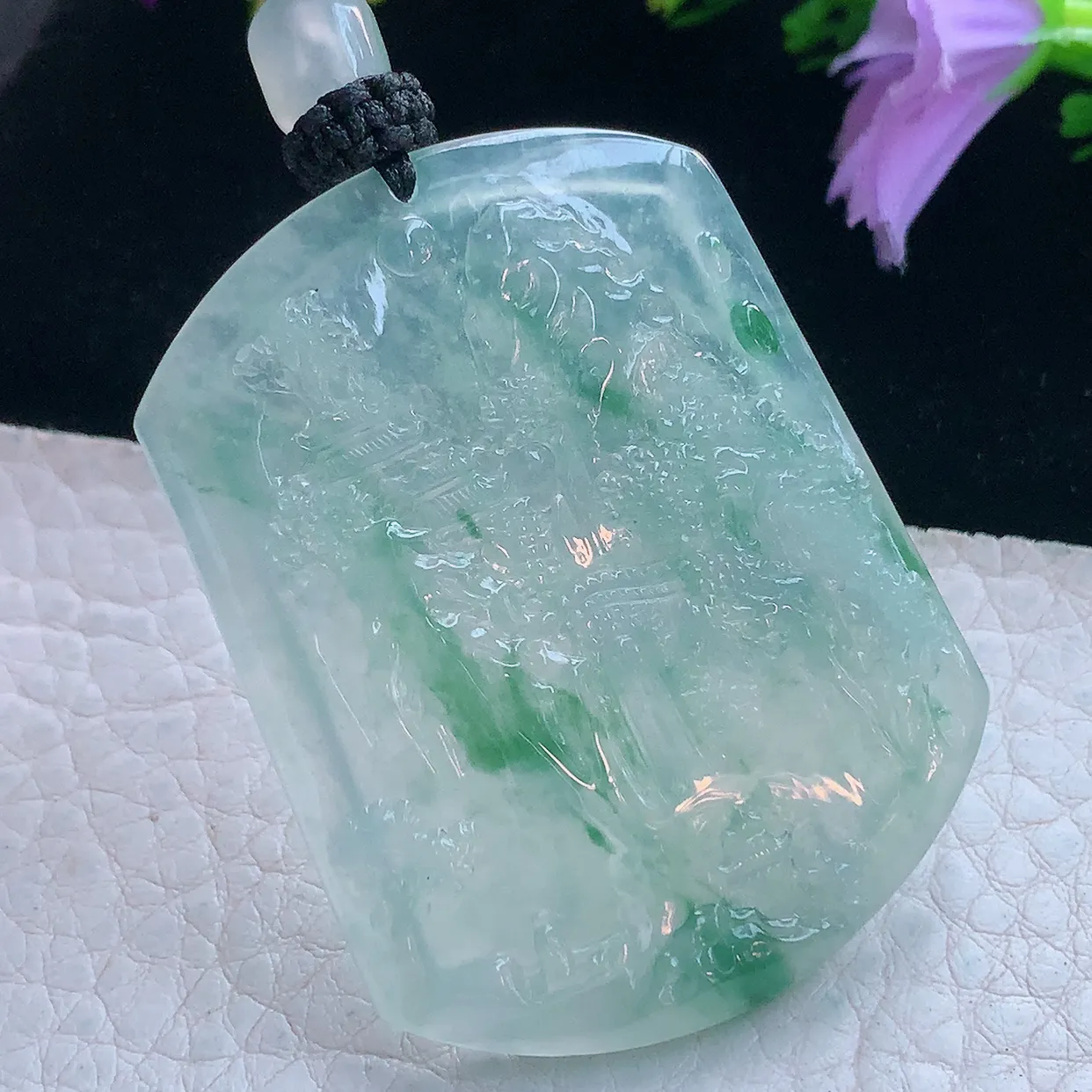 yl实拍48.8*38*4.8缅甸翡翠冰透飘花山水牌吊坠 高山流水悠然自在项坠