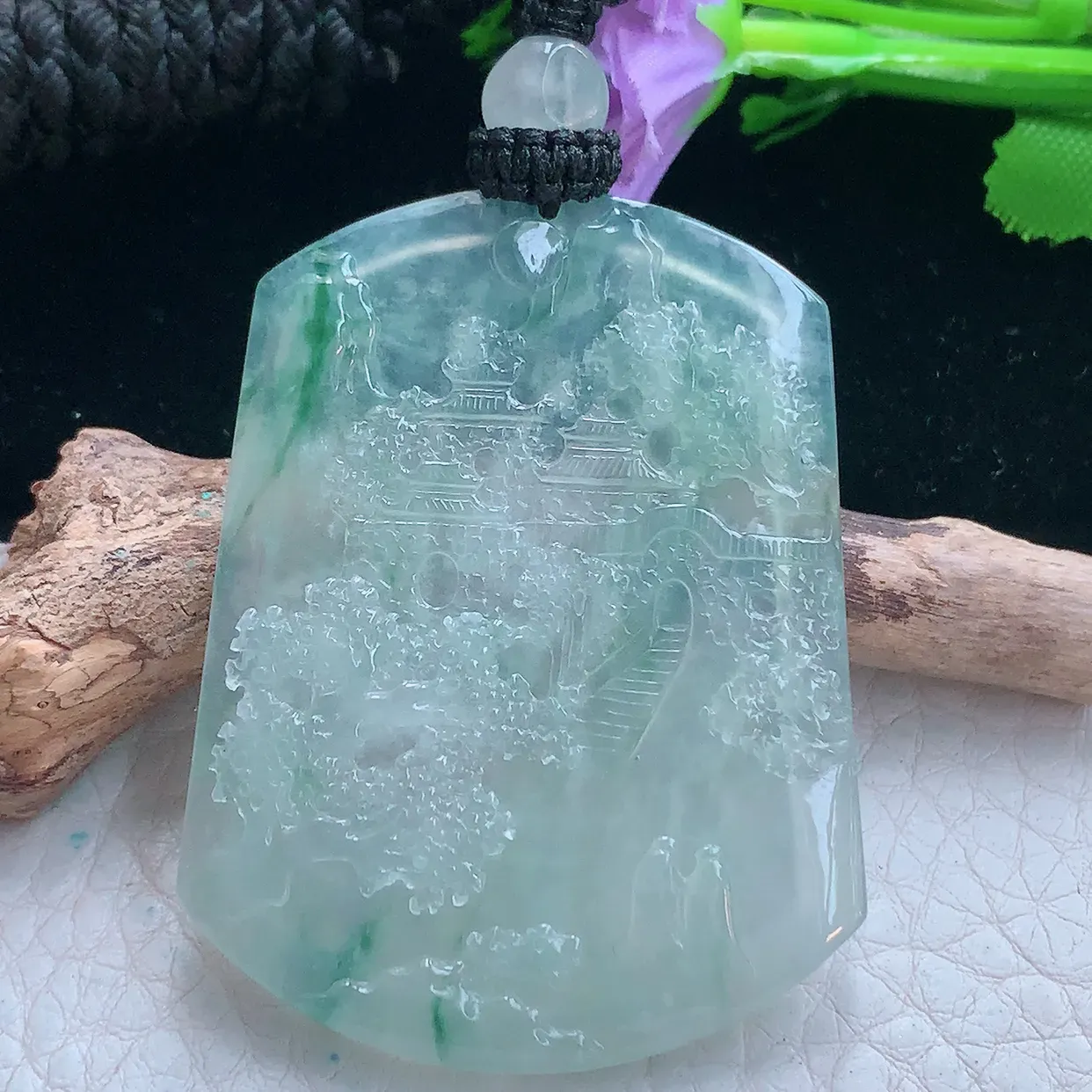 yl实拍61*39.5*4.5缅甸翡翠冰透飘花山水牌吊坠 步步高升项坠