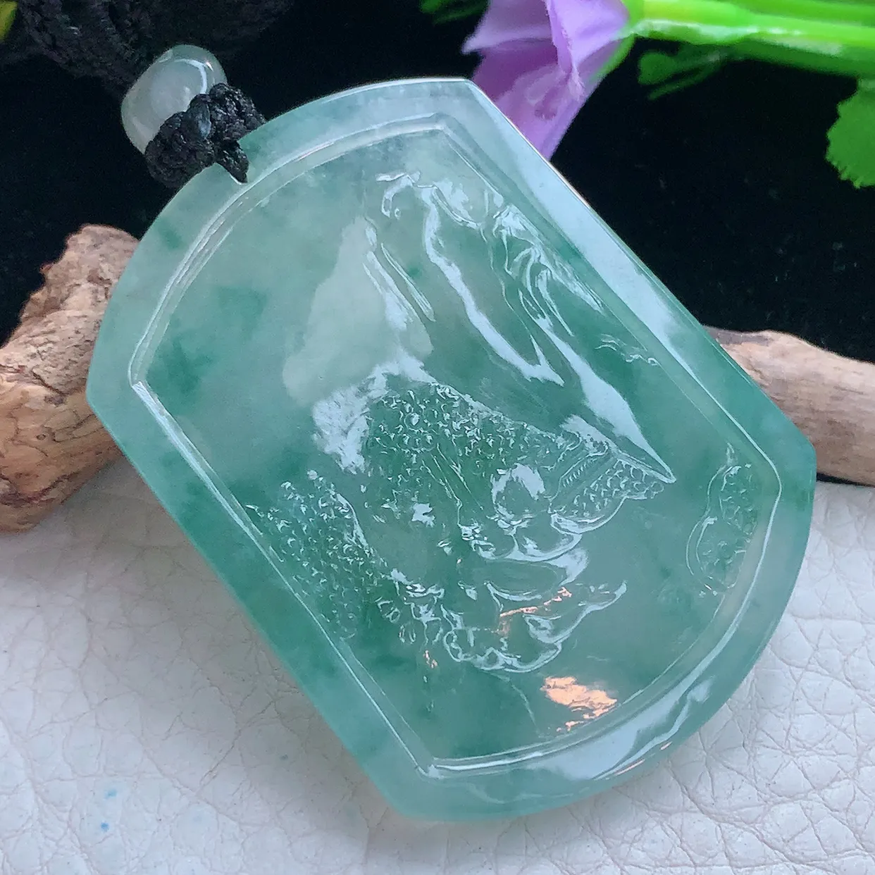 yl实拍52*40*5.6缅甸翡翠冰透飘花山水牌吊坠 锦绣前程项坠