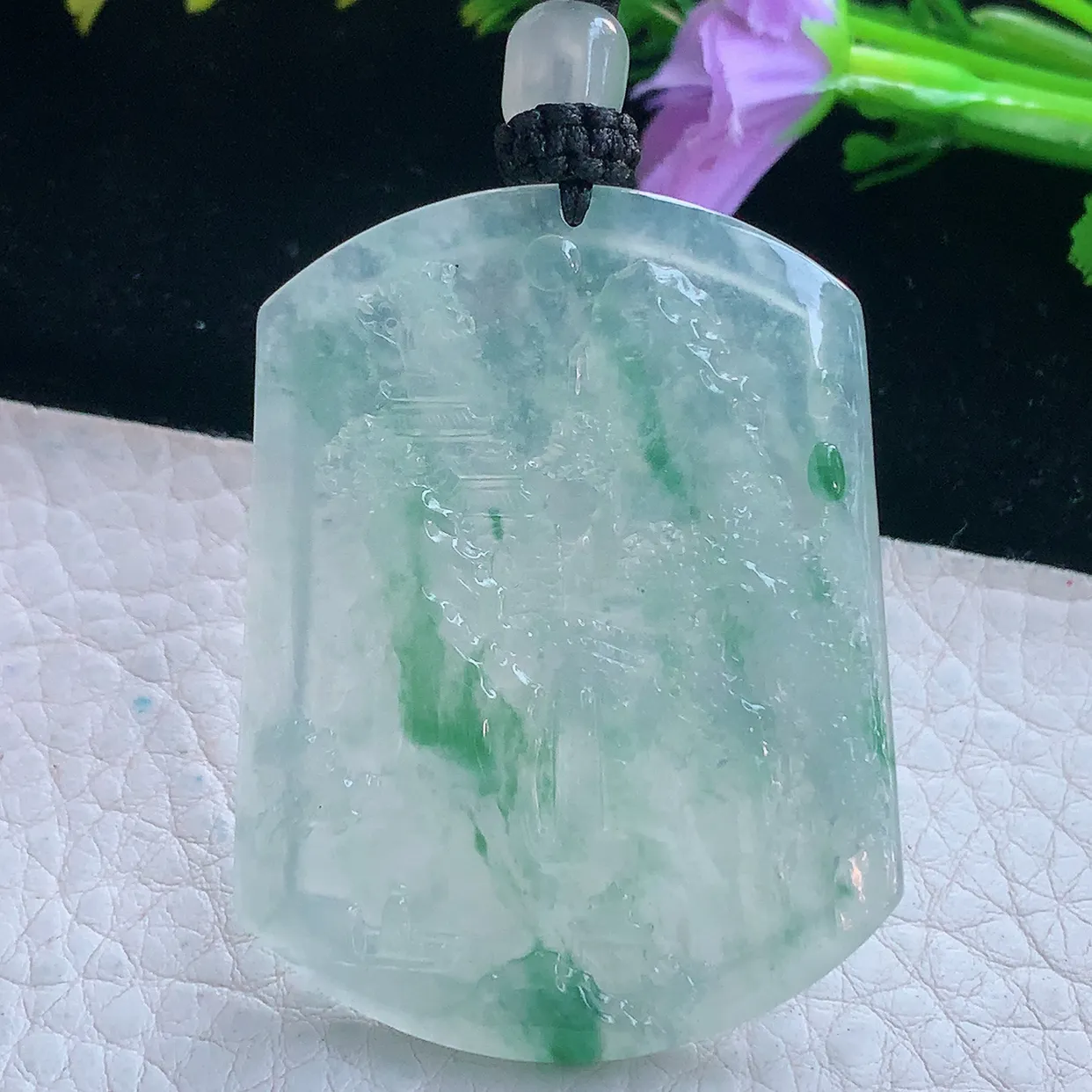 yl实拍48.8*38*4.8缅甸翡翠冰透飘花山水牌吊坠 高山流水悠然自在项坠