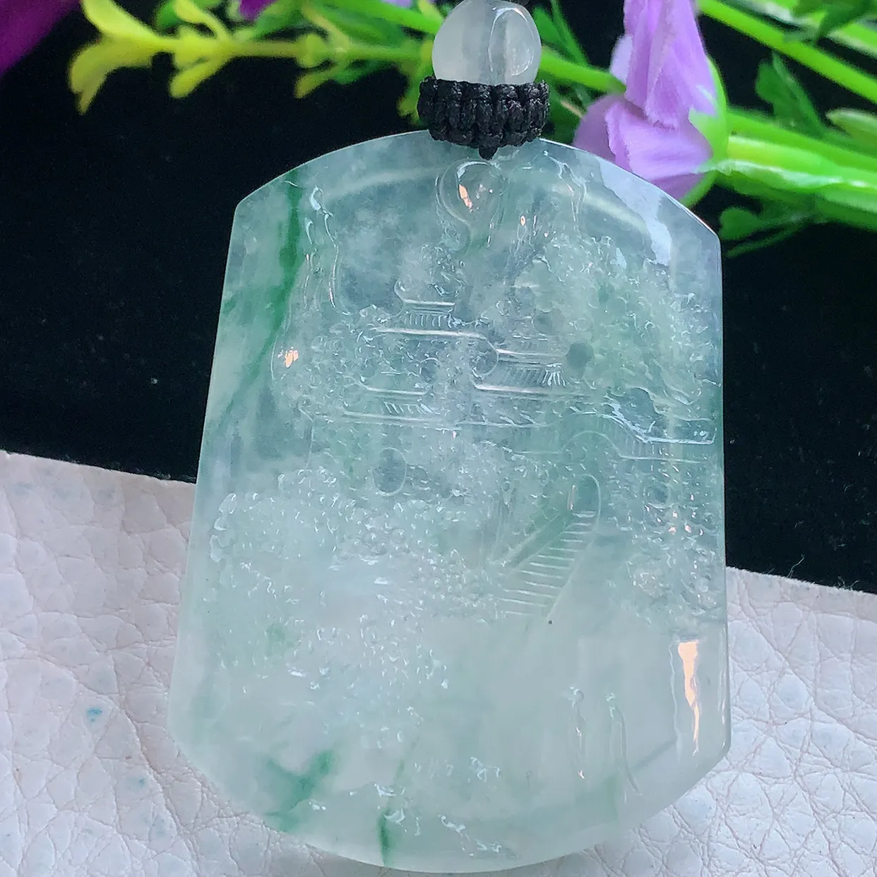 yl实拍61*39.5*4.5缅甸翡翠冰透飘花山水牌吊坠 步步高升项坠