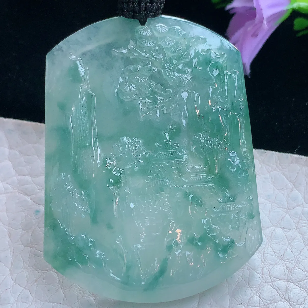 yl实拍52*40*5.6缅甸翡翠冰透飘花山水牌吊坠 锦绣前程项坠