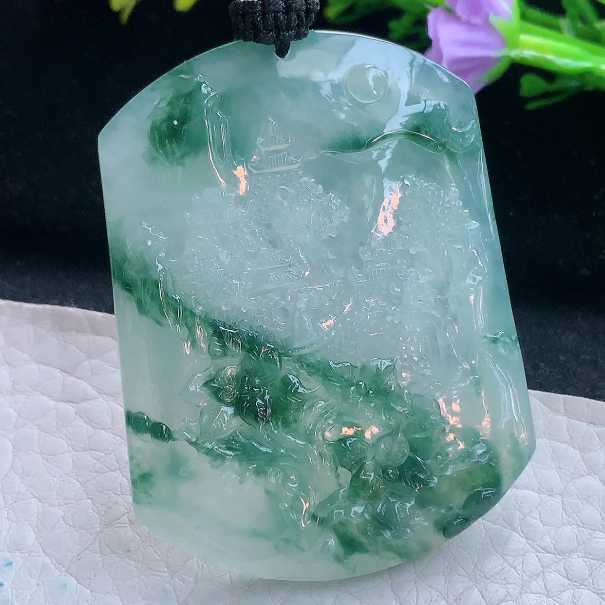 yl实拍55.3*42.2*5.8缅甸翡翠冰飘花山水牌吊坠，指日高升项坠