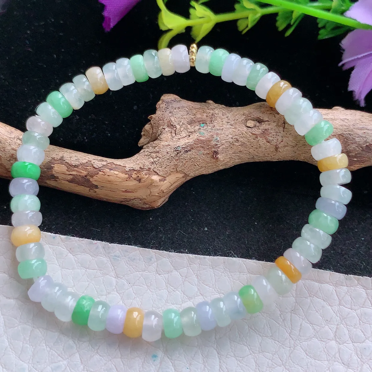 zen实拍5.6*2.6天然缅甸翡翠冰三彩多宝珠手串 女款时尚简约珠串手链