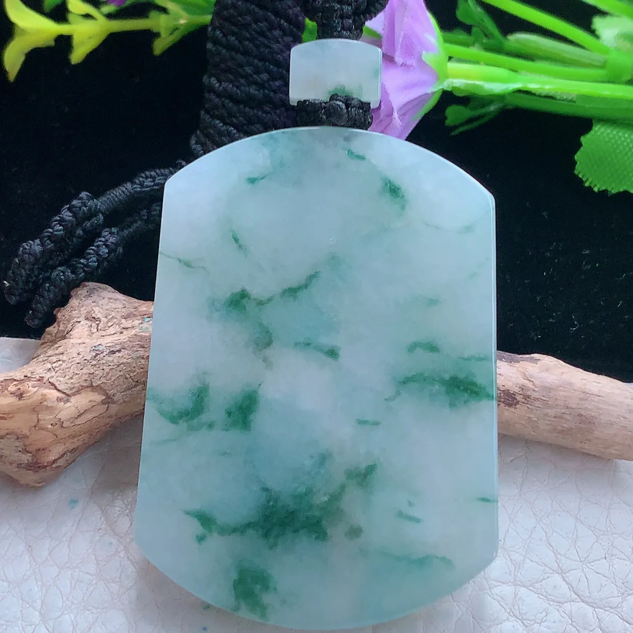 yl实拍53*38.5*6缅甸翡翠冰飘花平安无事牌吊带吊坠 经典素面无字牌项坠