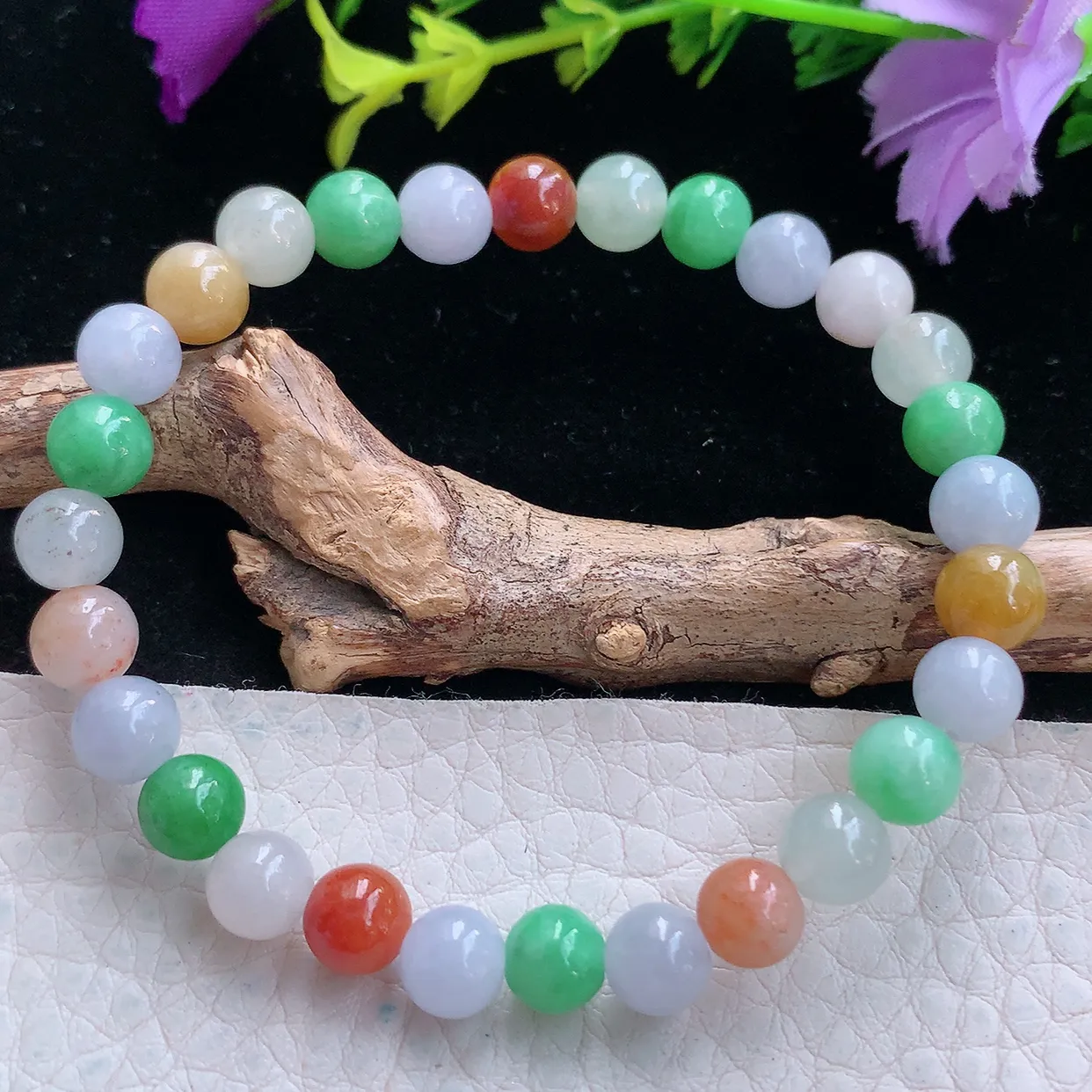zen实拍6.8mm天然缅甸翡翠冰三彩圆珠手串 女款时尚简约珠串手链