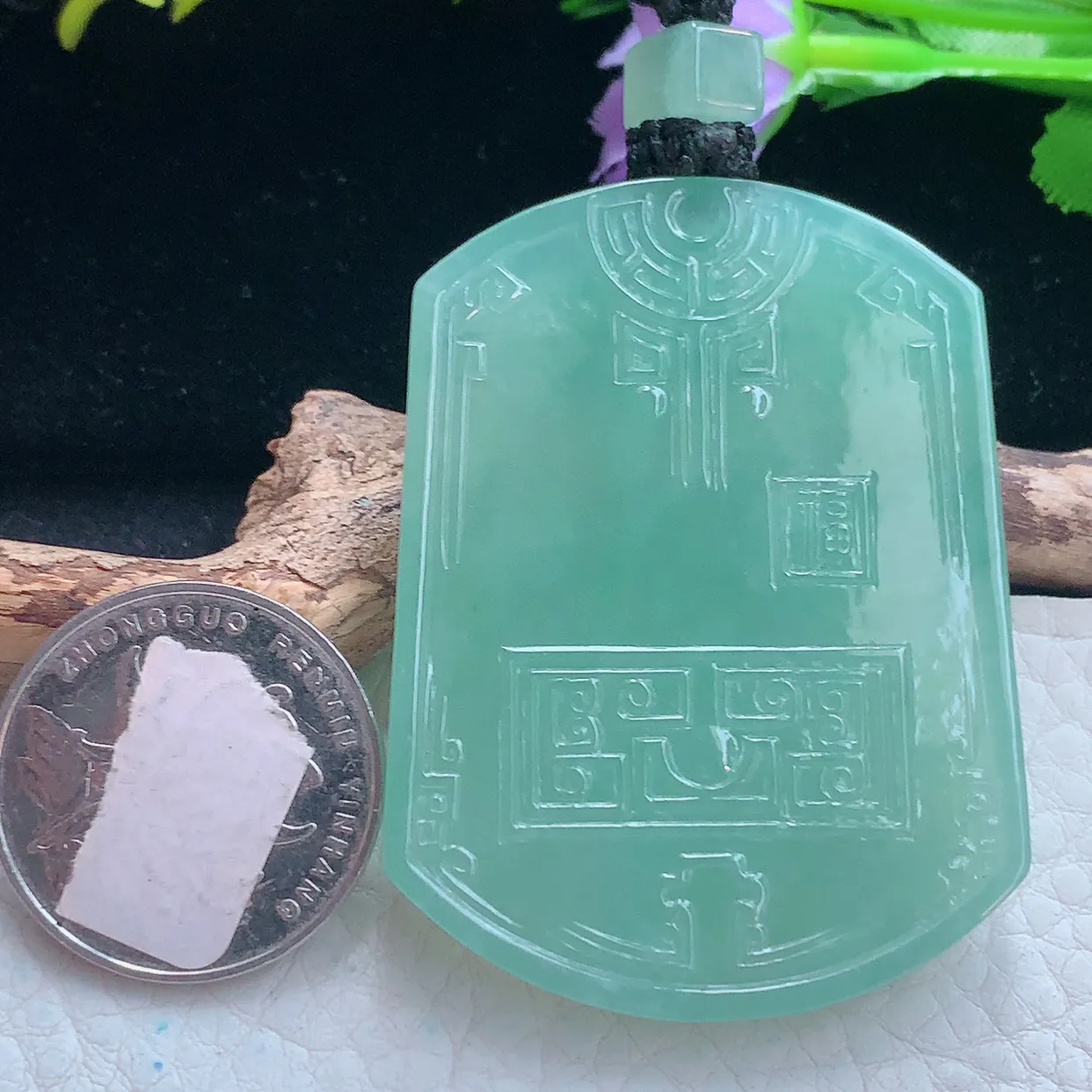 yl实拍52.8*40.2*5.6缅甸翡翠冰睛水仿古牌福临门吊坠，吉祥项坠雕花无事牌