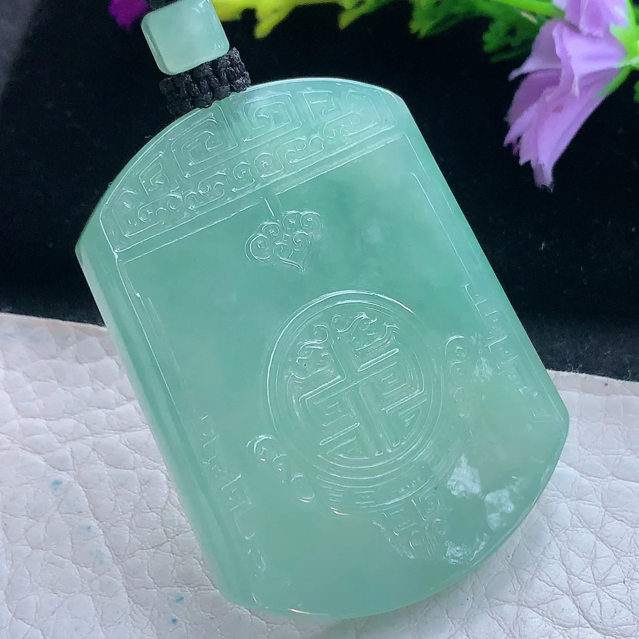 yl实拍52.8*40.2*5.6缅甸翡翠冰睛水仿古牌福临门吊坠，吉祥项坠雕花无事牌