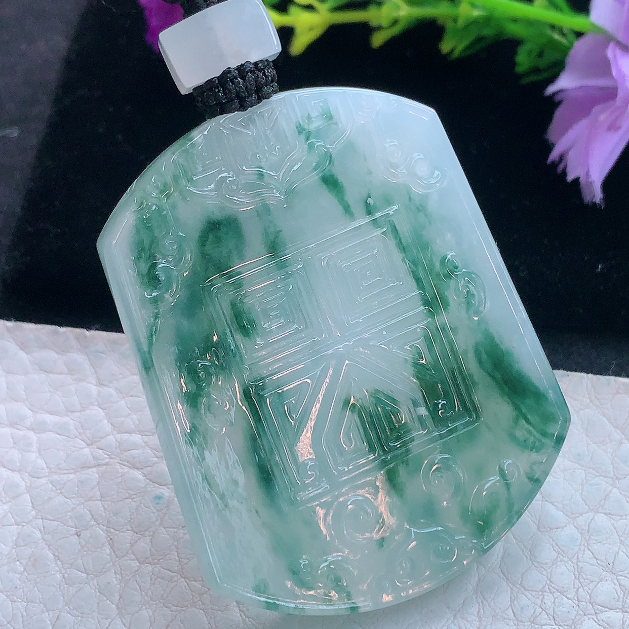 yl实拍53*38.5*6缅甸翡翠冰飘蓝花吉祥如意仿古牌吊坠，祥云瑞兆项坠