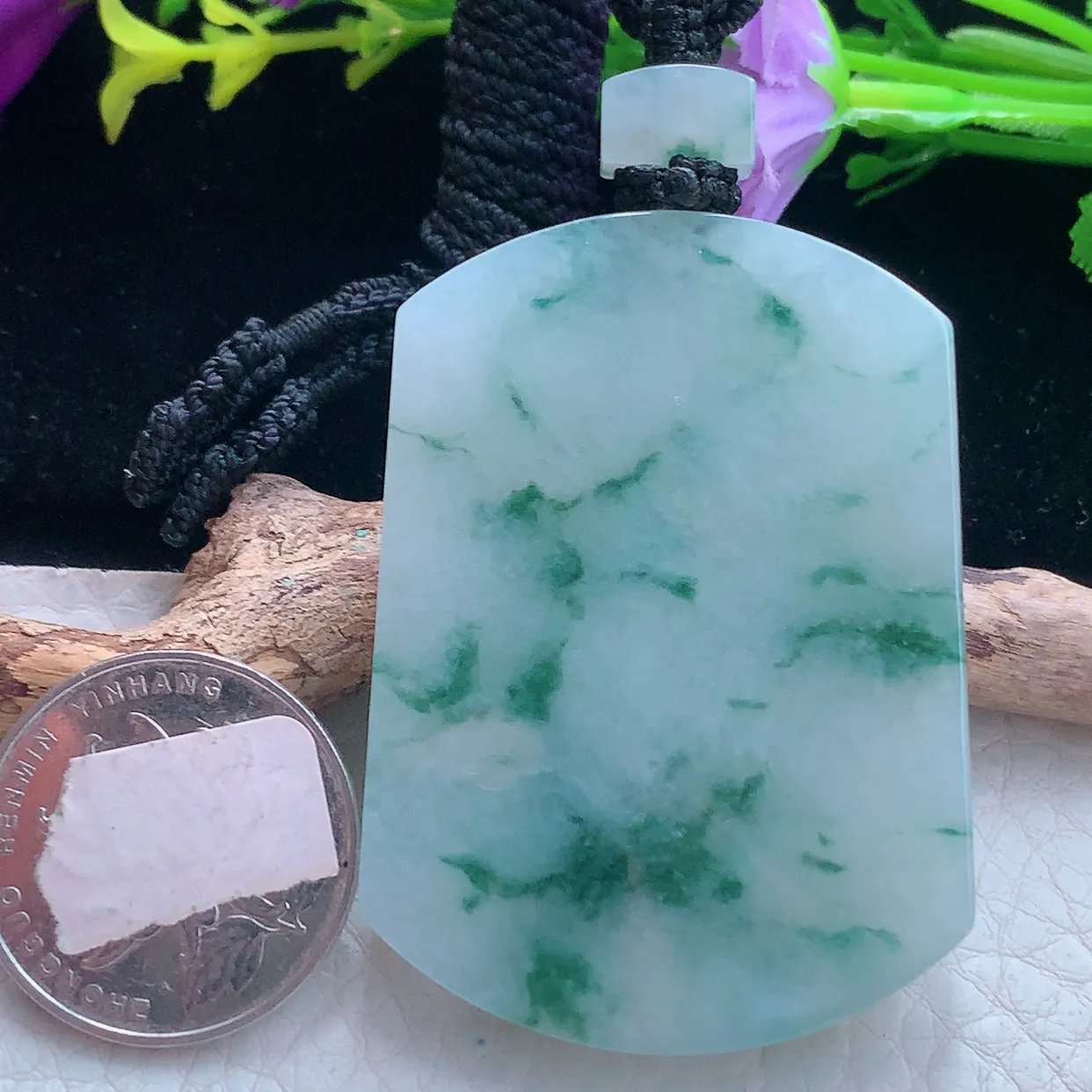 yl实拍53*38.5*6缅甸翡翠冰飘花平安无事牌吊带吊坠 经典素面无字牌项坠