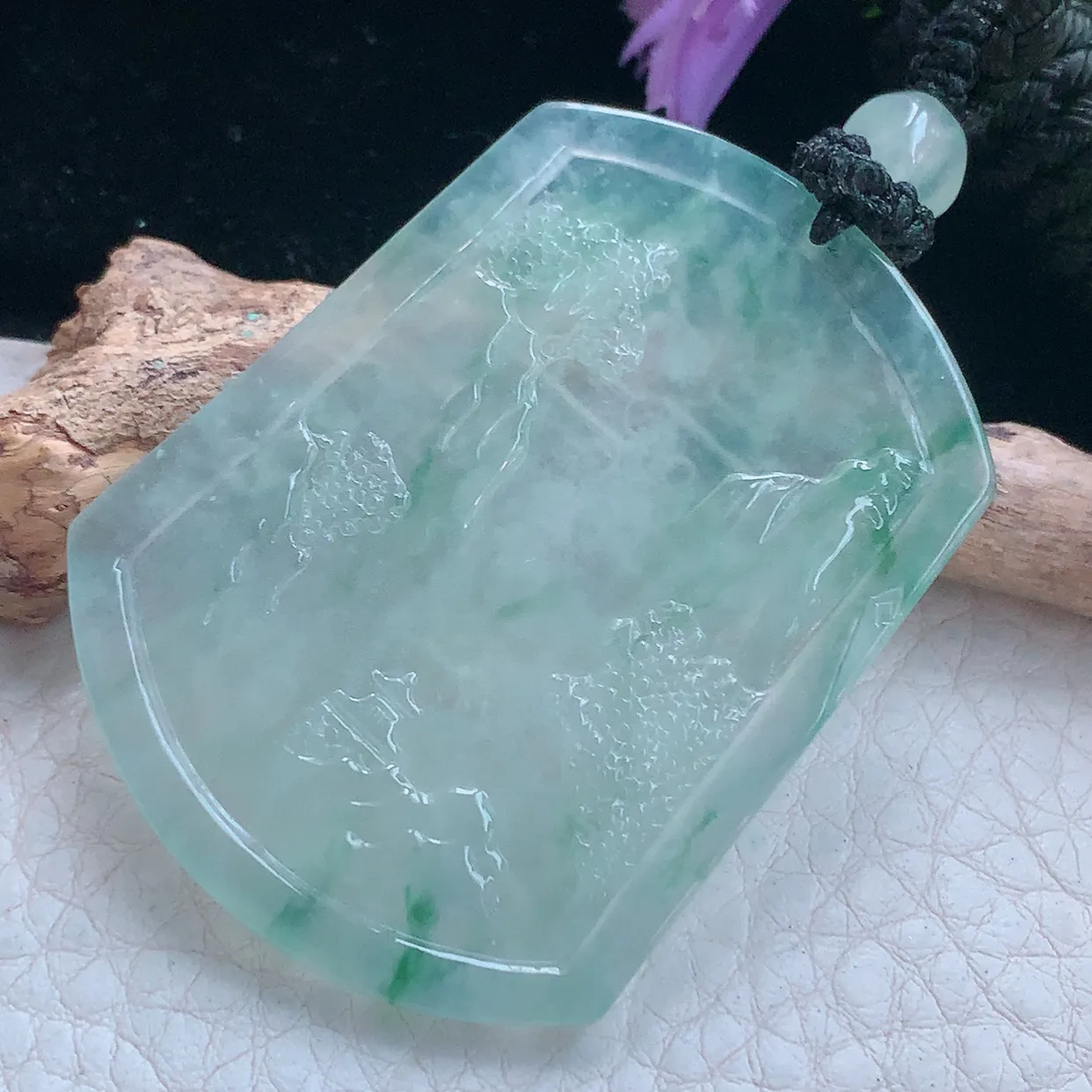 yl实拍61*39.5*4.5缅甸翡翠冰透飘花山水牌吊坠 步步高升项坠