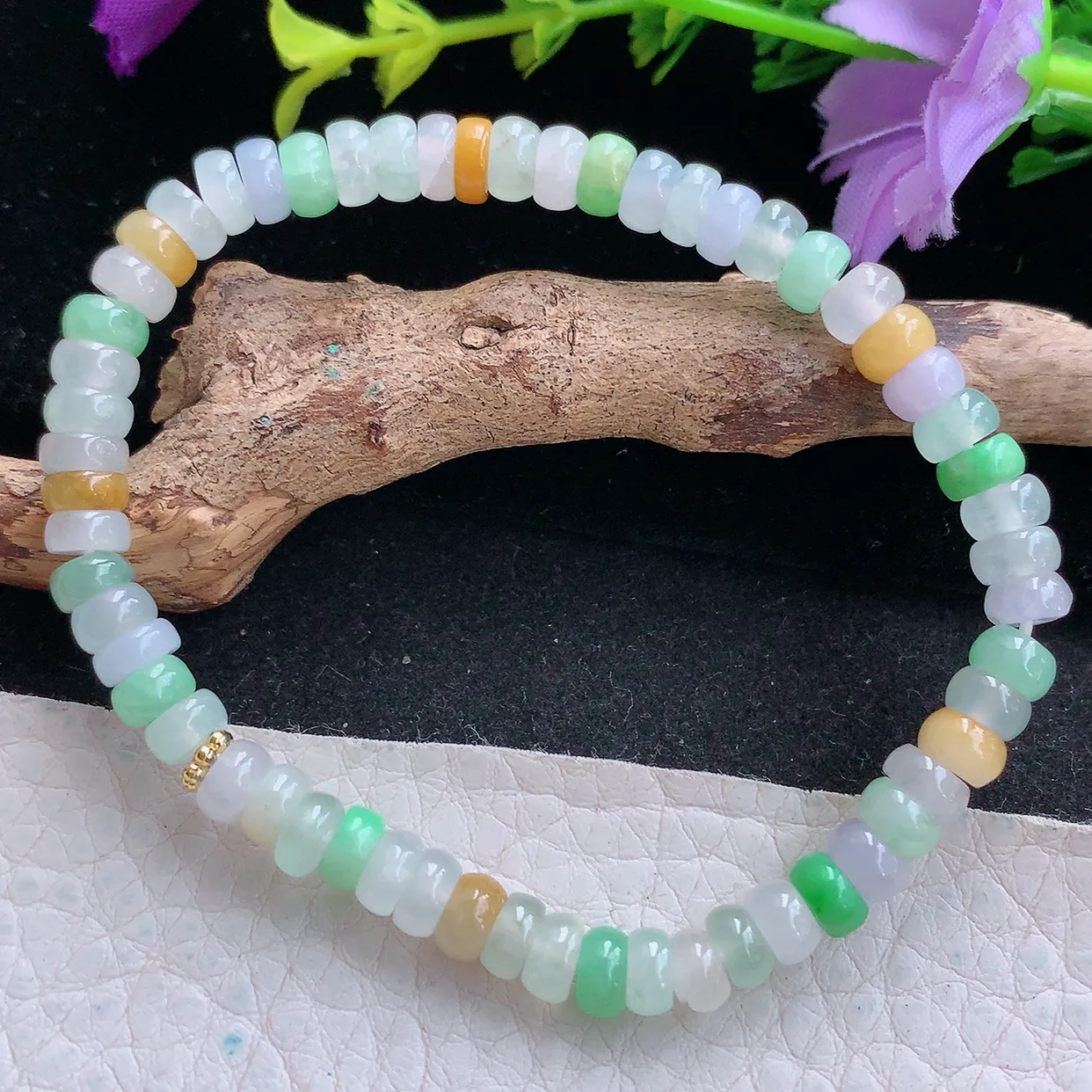 zen实拍5.6*2.6天然缅甸翡翠冰三彩多宝珠手串 女款时尚简约珠串手链