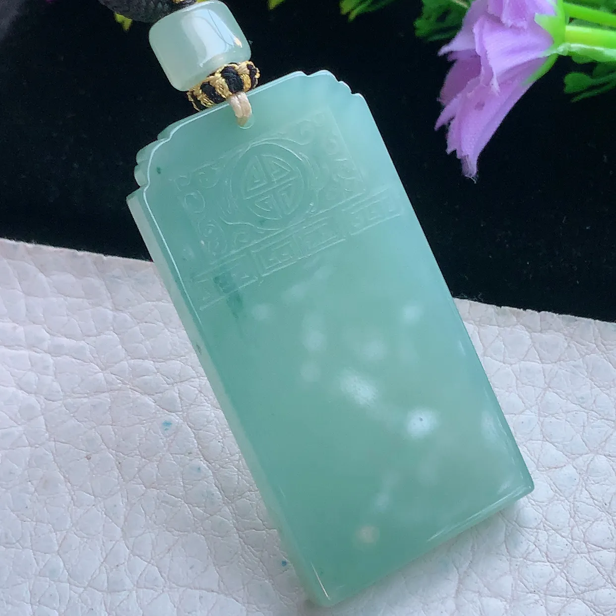 yl实拍49.6*26*5.8缅甸翡翠冰透水绿平安无事牌吊坠 经典素面仿古雕花无字牌项坠