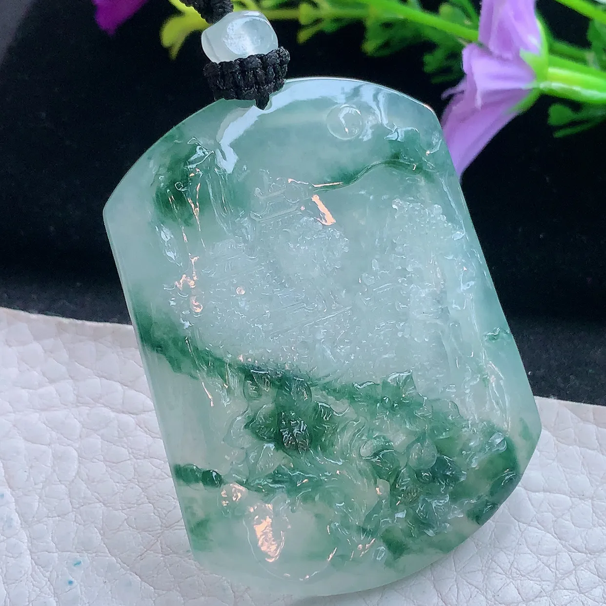 yl实拍55.3*42.2*5.8缅甸翡翠冰飘花山水牌吊坠，指日高升项坠