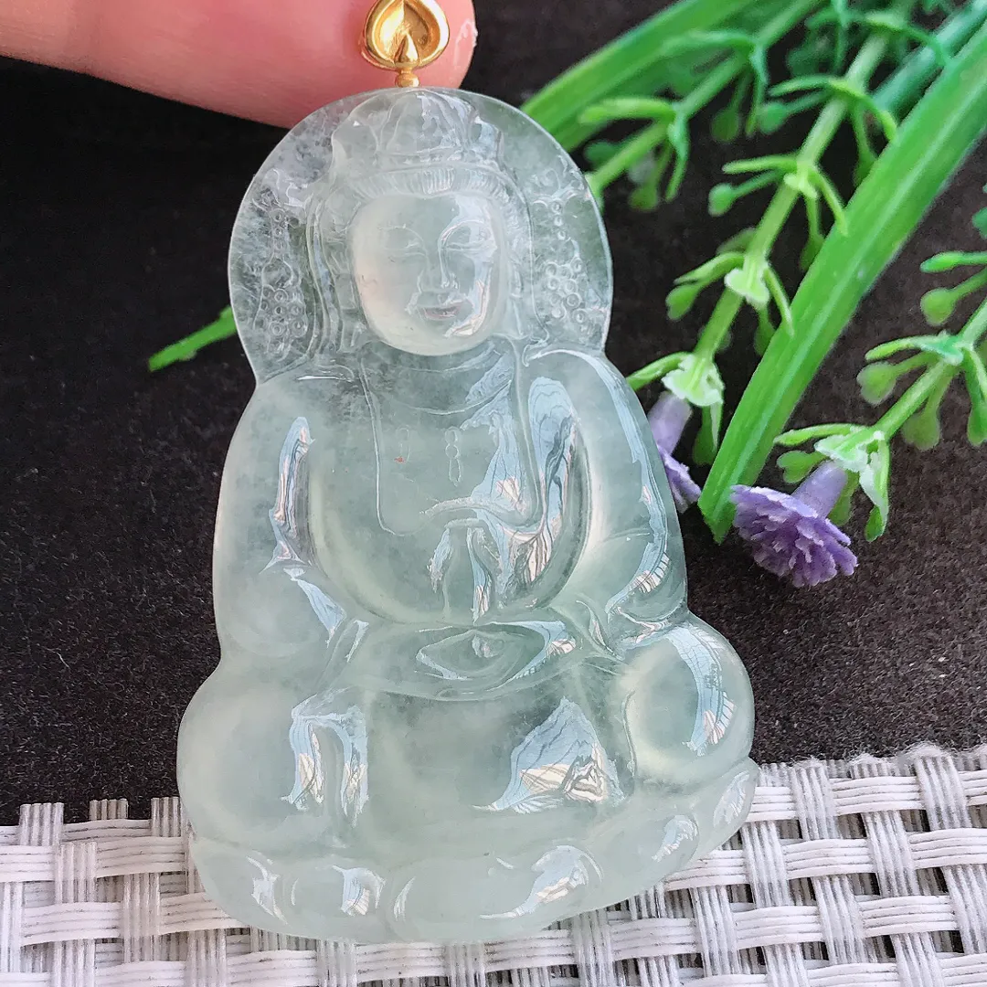 实拍A货翡翠54/38/5.8老坑18k金镶嵌冰种冰晴正装观音吊坠翡翠挂件